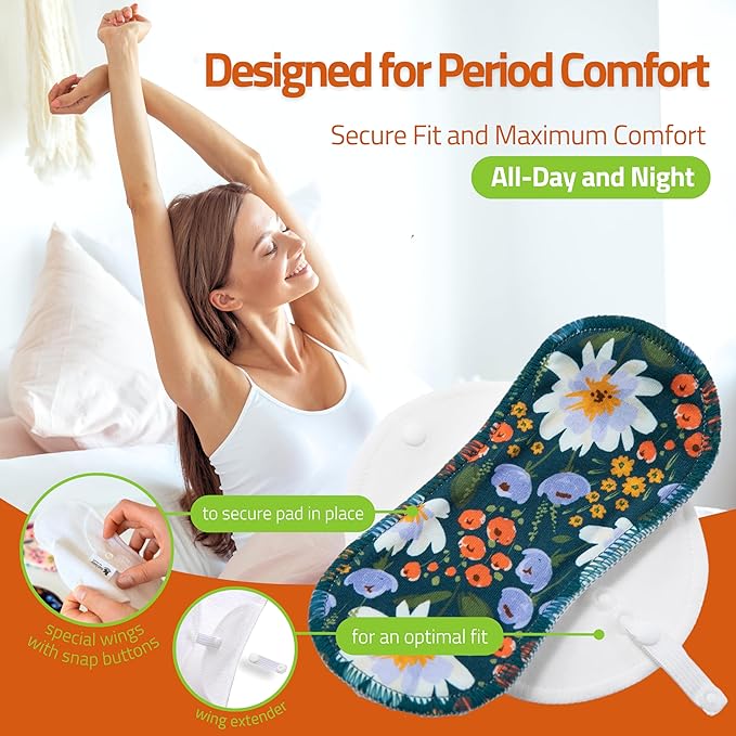 Organic Cotton EcoComfort Reusable Period Pads for Light Flow (S+M, 6-Pack); High-Temp Washable Cloth for Women & Teens; Non-Irritating, Soft Reusable Menstrual for Comfortable Period Care