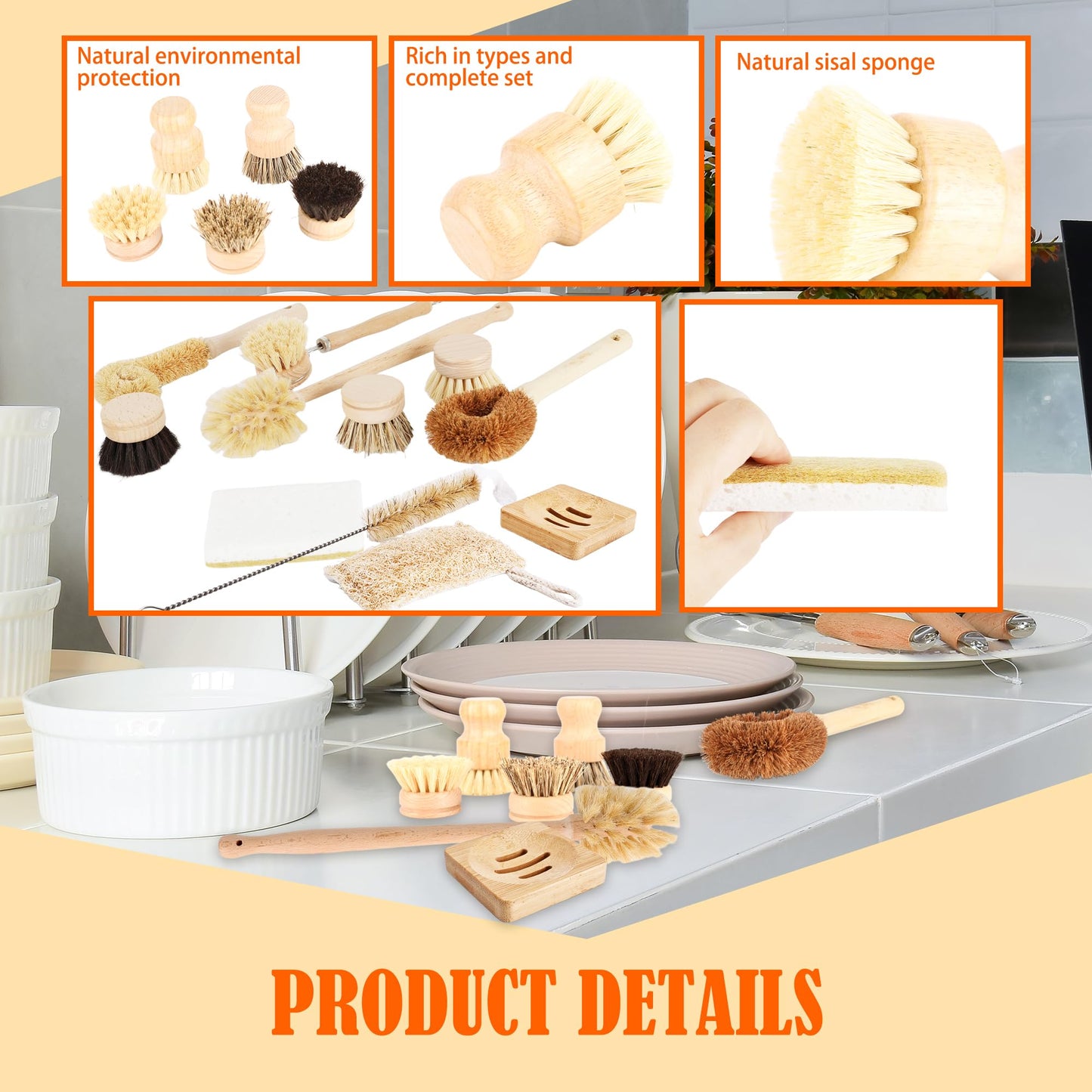 15 Pcs Bamboo Dish Brush Set with 65 Ft Hemp Rope Wooden Palm Pot Brush Sisal Bristles Natural Cup Scrubber Loofah Sponge Draining Tray for Pans, Bottle, Sink Kitchen Cleaning