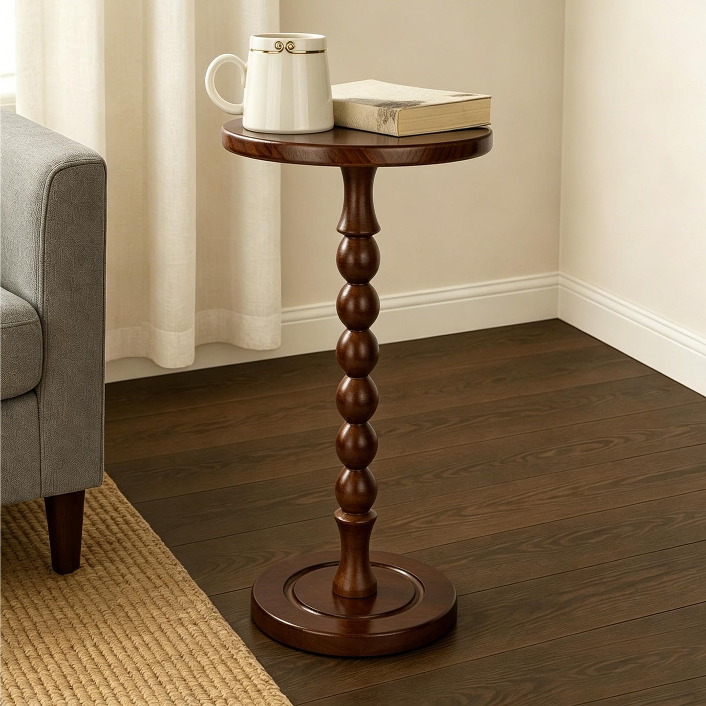 Lampaggio Round Side Table for Small Spaces, Drink Table with Oak Wood Pedestal, Modern End Table Nightstand for Living Room, Bedroom, Office, and Corners, Tool-Free Assembly, Brown