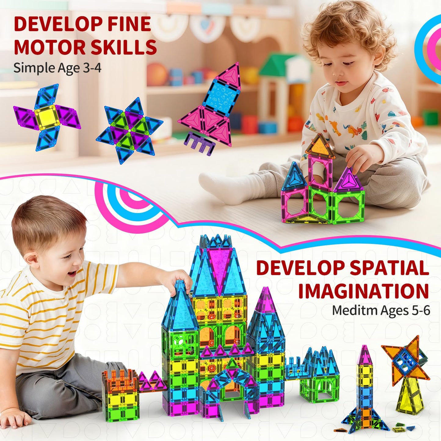 Ronqs 250 PCS 3D STEM Educational Magnetic Tiles for Kids Magnetic Blocks for Kids Magnetic Building Blocks Set
