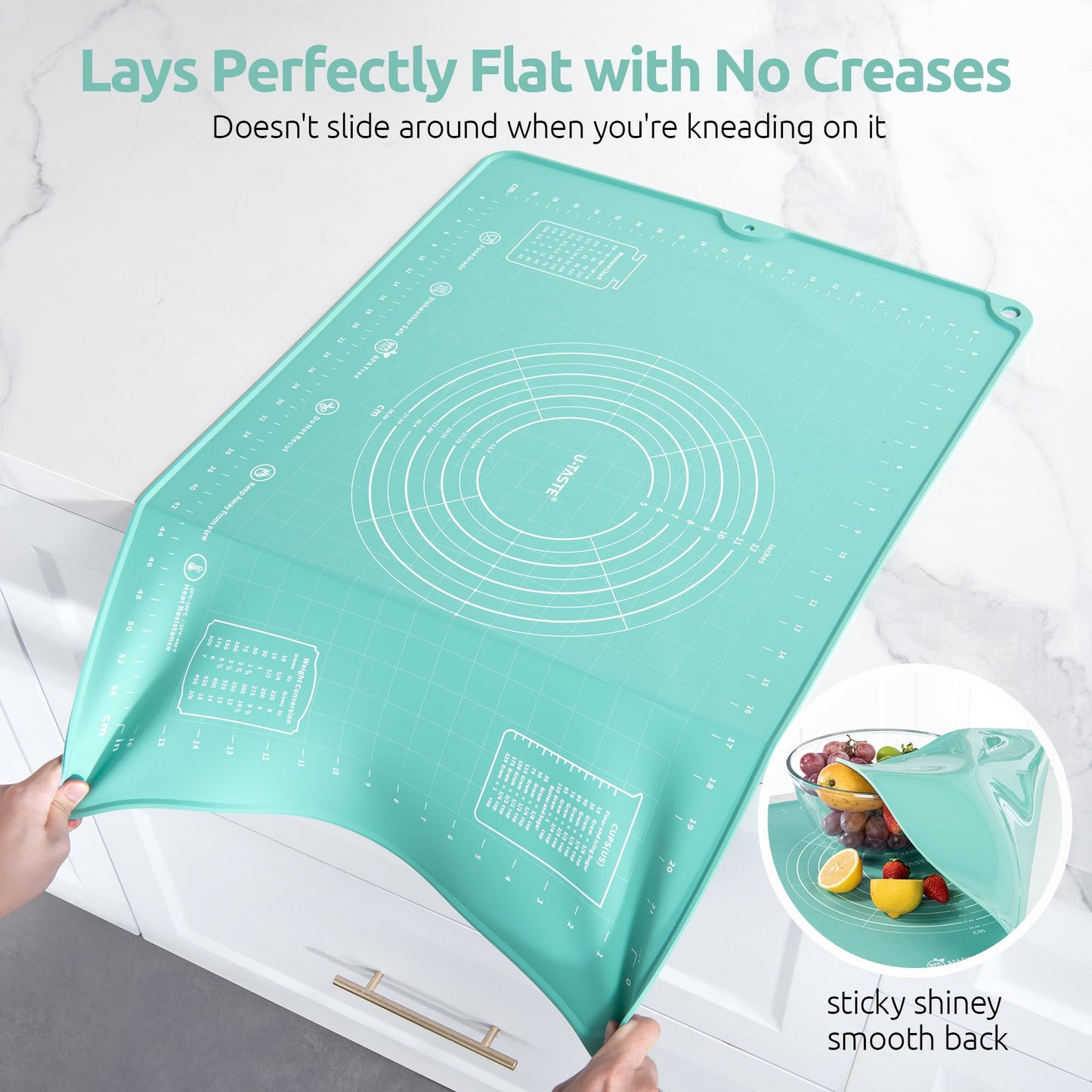 U-Taste 28"x20" Large Pastry Mat: Food-Grade Liquid Silicone Dough Rolling Baking Sheet, Non-Stick Non-Slip for Kneading, Making Pizza, Fondant, Pie with Clear Measurement and Raised Edges (Aqua Sky)