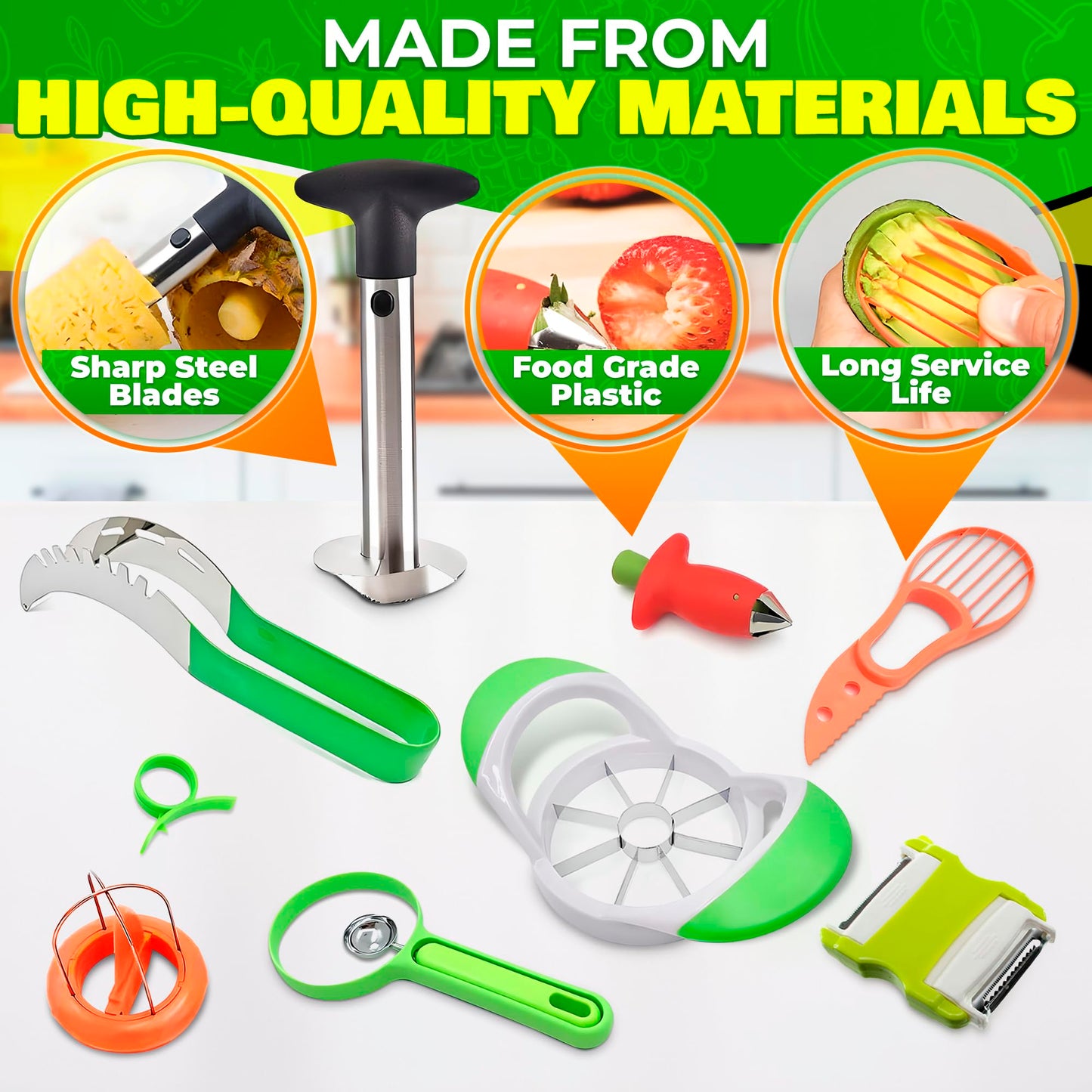 9 Pcs Pineapple Corer and Slicer Set – Sturdy, Sharp & Easy to Clean Pineapple Slicer Tool with Fruit Corer, Slicers and Peelers – Works for Apples, Melons, Avocados, Citrus, Berries, Bananas & More