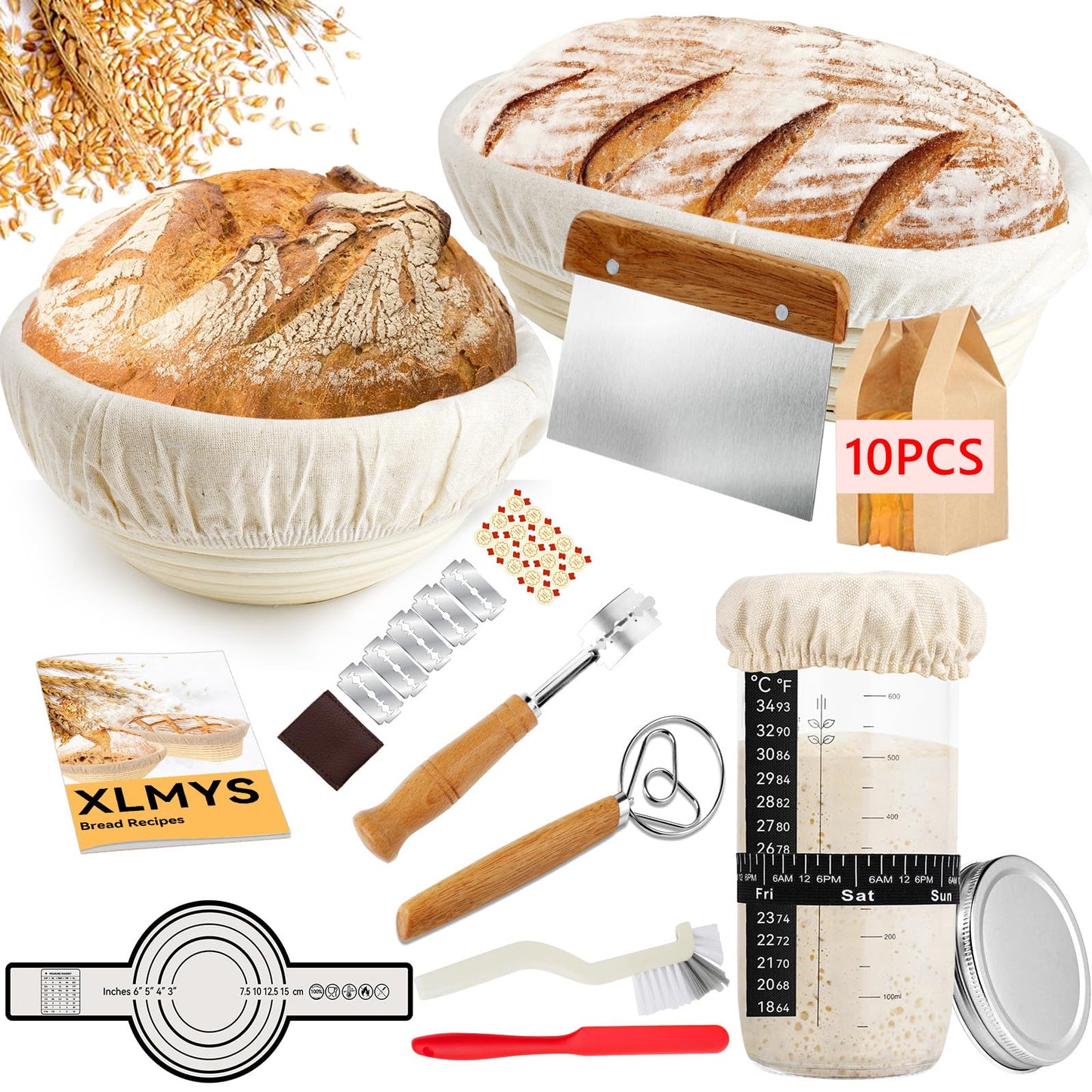Sourdough Starter Kit - Banneton Proofing Basket 9 Inch Round & 10 Oval, Complete Sourdough Bread Baking Supplies with Starter Jar, Bread Sling, Lame, Danish Dough Whisk, Bags