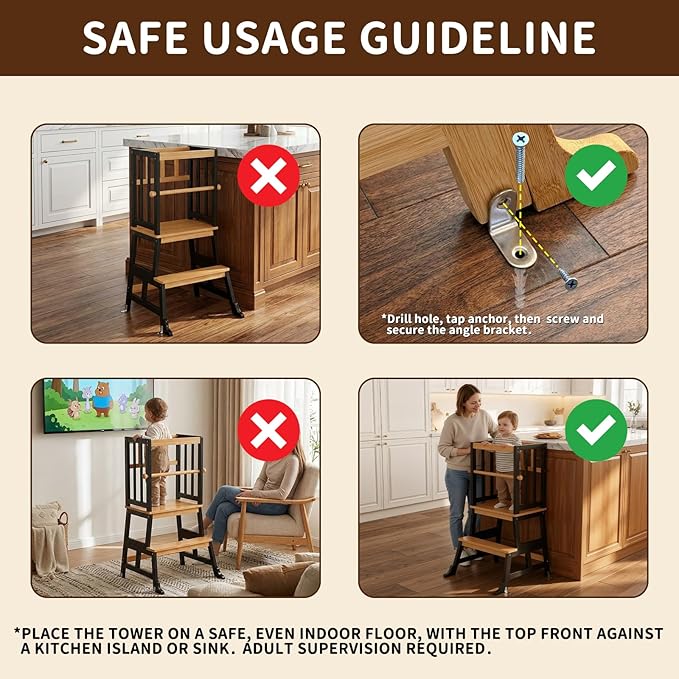 COSYLAND Kids Kitchen Step Stool Helper Baby and Toddler Multi-Function Step up Nursery Helper Stand with Safety Rail in Natural Bamboo, Strong and Lightweight 1.5-3 Years (Black)