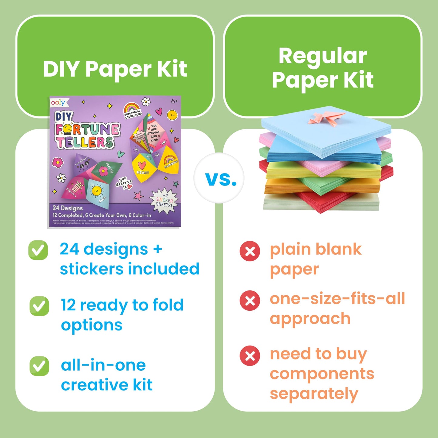 Ooly DIY Paper Kit, 24 Fortune Teller Designs & Stickers, Kit Includes 12 Completed, 6 Blank and 6 Color-in Folding Fortune Teller, Activity Gifts for Kids