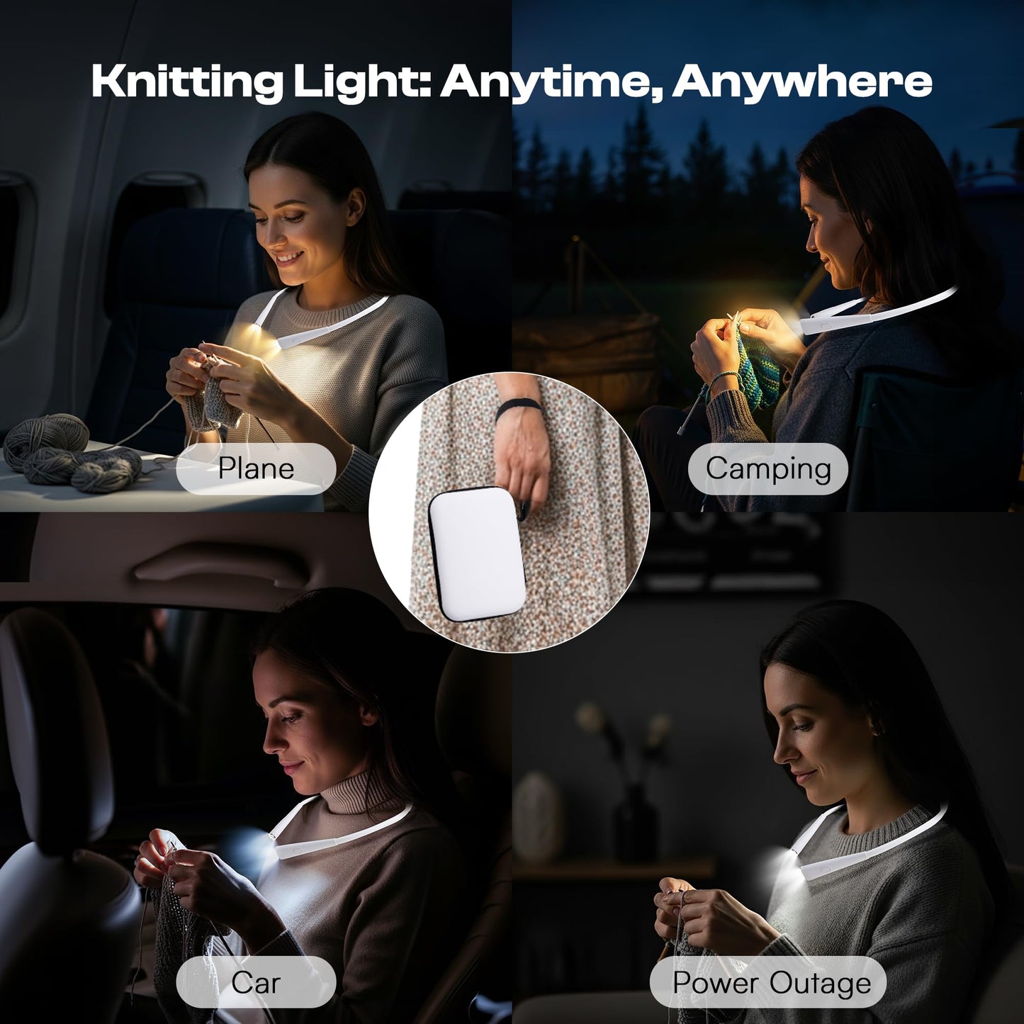 Caydo Knitting Light with Storage Bag, 4 Colors & 5-Step Brightness Neck Light, Book Light for Reading and Crocheting, Around The Neck Lights for Crafts, Rechargeable Knitting Crochet Light(White）