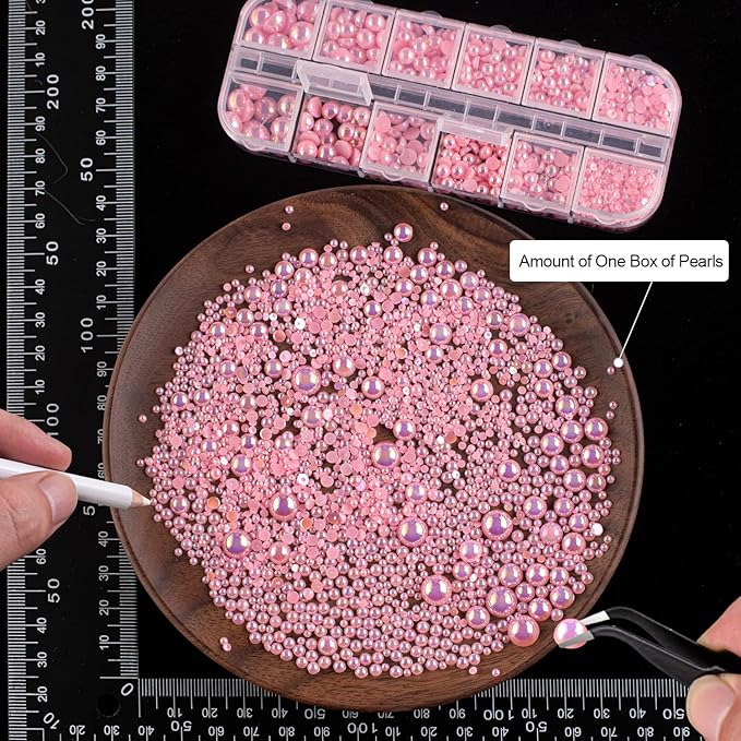 4000PCS Flatback Rhinestones and Half Round Pearls Kit #23, Multi Size Glass Clear Crystals, Plastic Flat Back Light Pink AB Dome Bead with Pickup Pencil and Tweezer for Nail Art