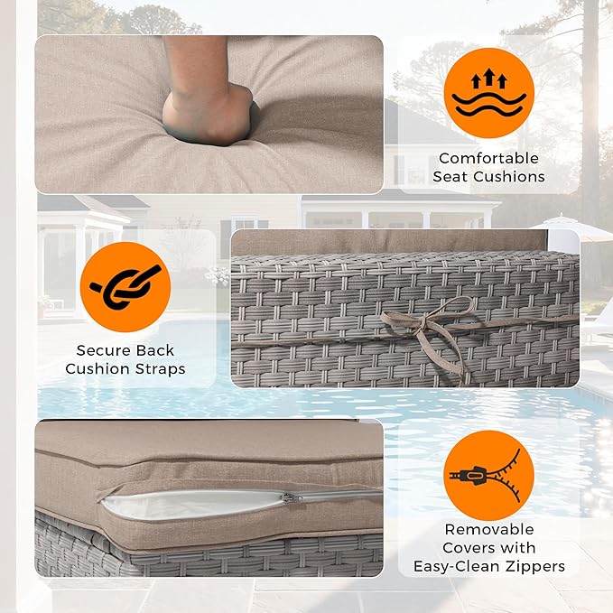 8-Seat Outdoor Wicker Patio Furniture Set with Fire Pit Table, Modular Rattan Sectional Sofa & 2 Swivel Rocking Chairs, 4" Thick Cushions, Rust-Resistant Frame,Beige