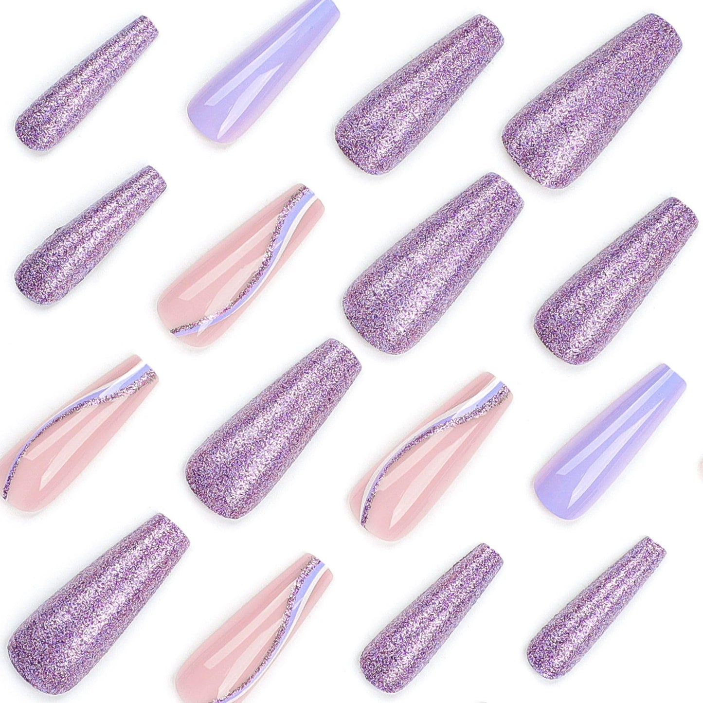 Long Press on Nails Coffin Fake Nails Purple Glitter False Nails with Swirl Designs Nails Press Ons 24Pcs Glossy Long Ballerina Full Cover Acrylic Stick on Nail for Women