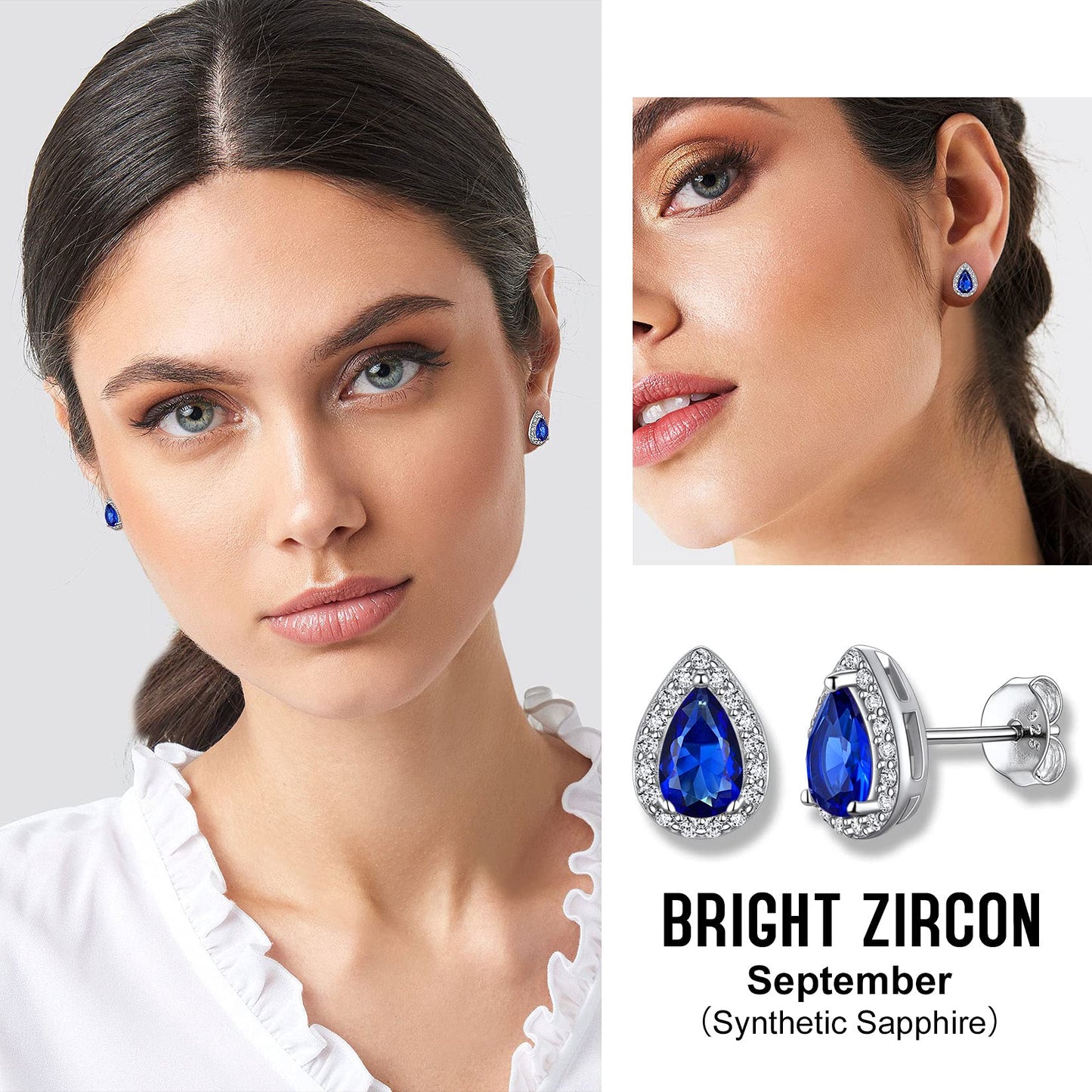 Bestyle Adorable September Sapphire Birthstone Stud Earrings 925 Sterling Silver CZ Teardrop Gemstone Studs Earrings Great Birthday Gift for Wife/Mom/Grandma