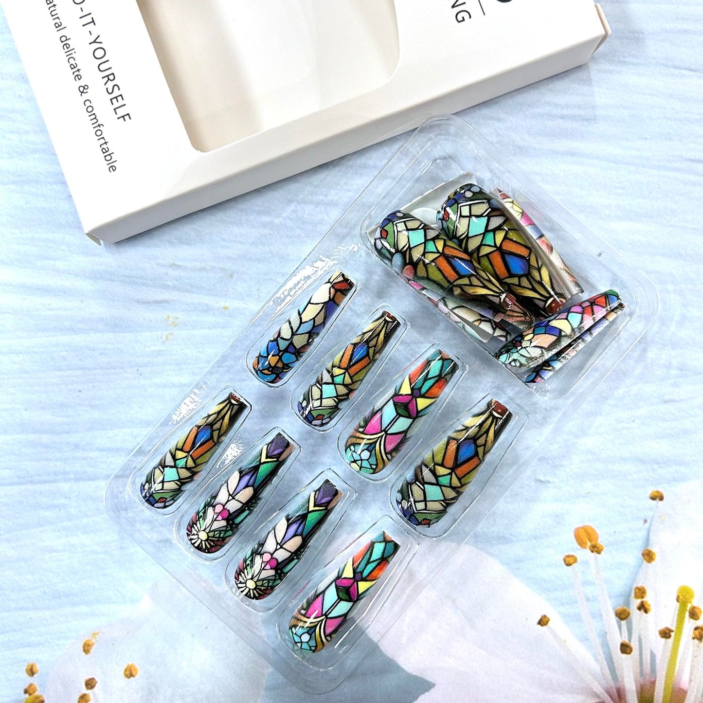 CJDLTS Colorful Geometry Press on Nails Long Ballet Shaped Full Cover Glossy Acrylic Press Ons Fake Nail Ballet Artificial Stick on Nail DIY Reusable Glue on Nails for Women 24Pcs