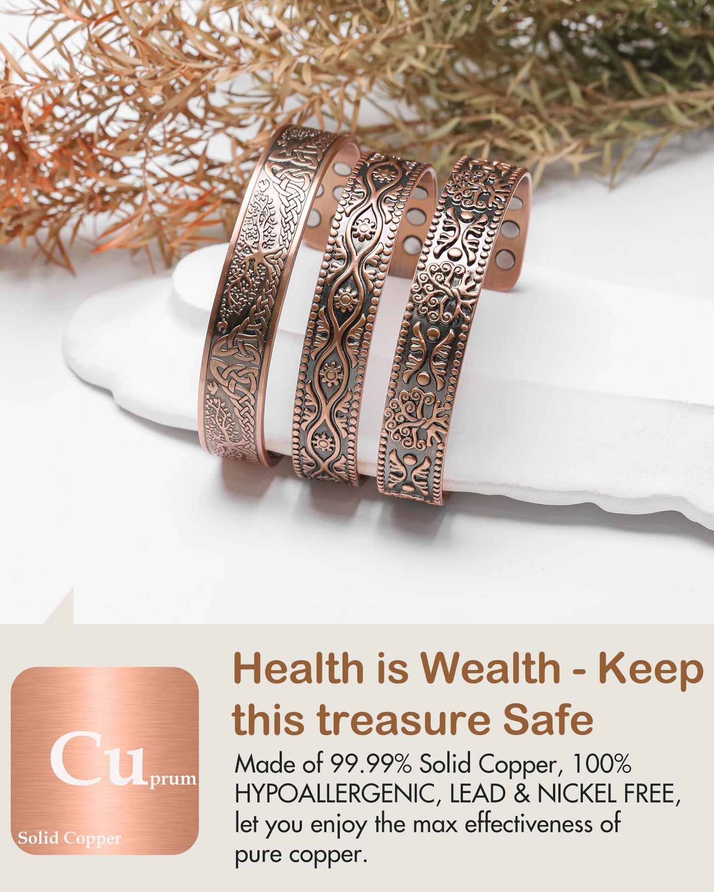 Feraco Copper Bracelet for Men, 18X Enhanced Strength Magnetic Bracelet with 3800 Gauss Neodymium Magnets, Pure Copper Cuff Bangle, Adjustable Jewelry Gift (Life Tree)