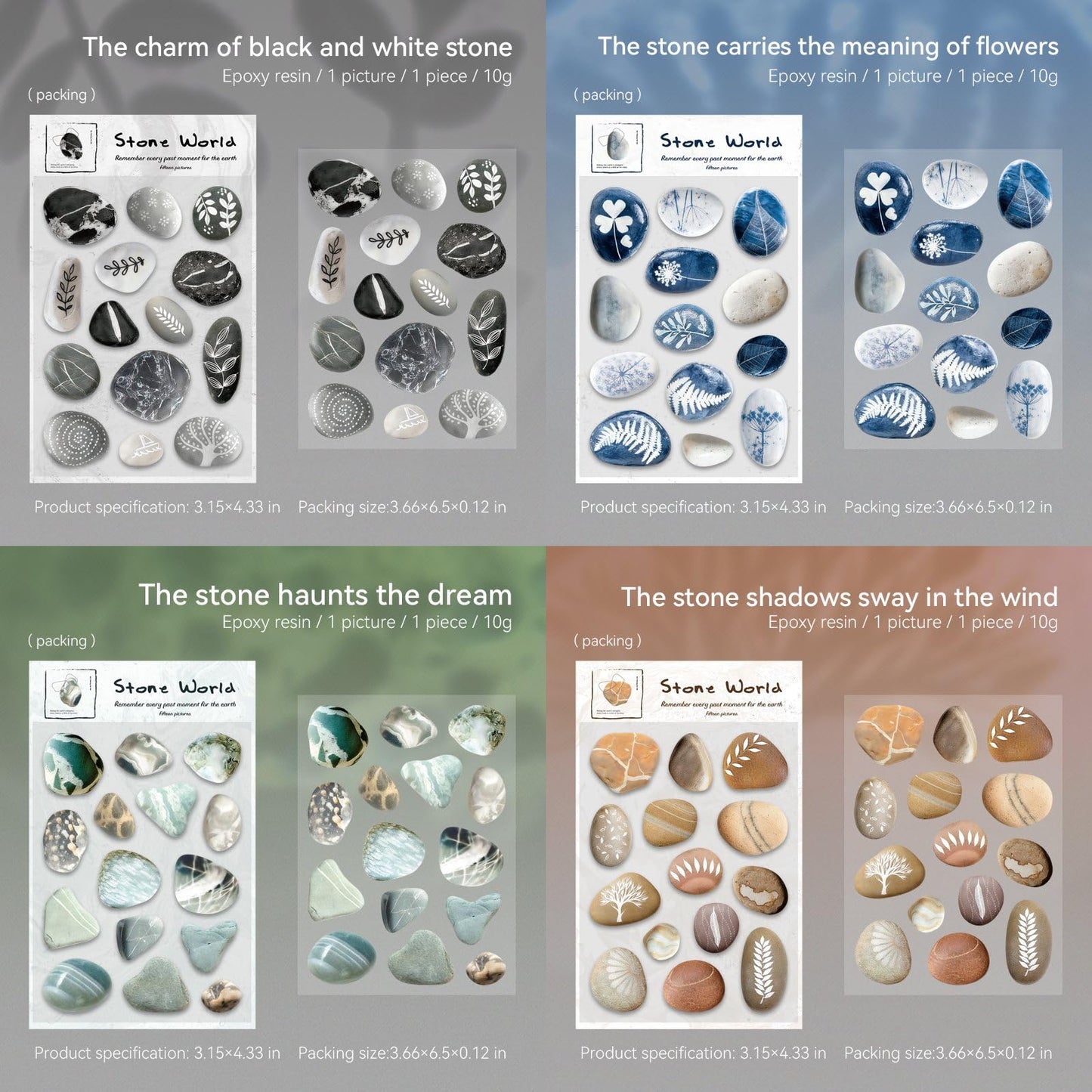 Doukado 60 Pcs 3D Epoxy Pebble Stickers, Aesthetic Stone Ephemera with Glossy Crystal Finish, Nature-Inspired Decorative Resin Decals for Junk Journaling, Scrapbooking, and DIY Art Crafts