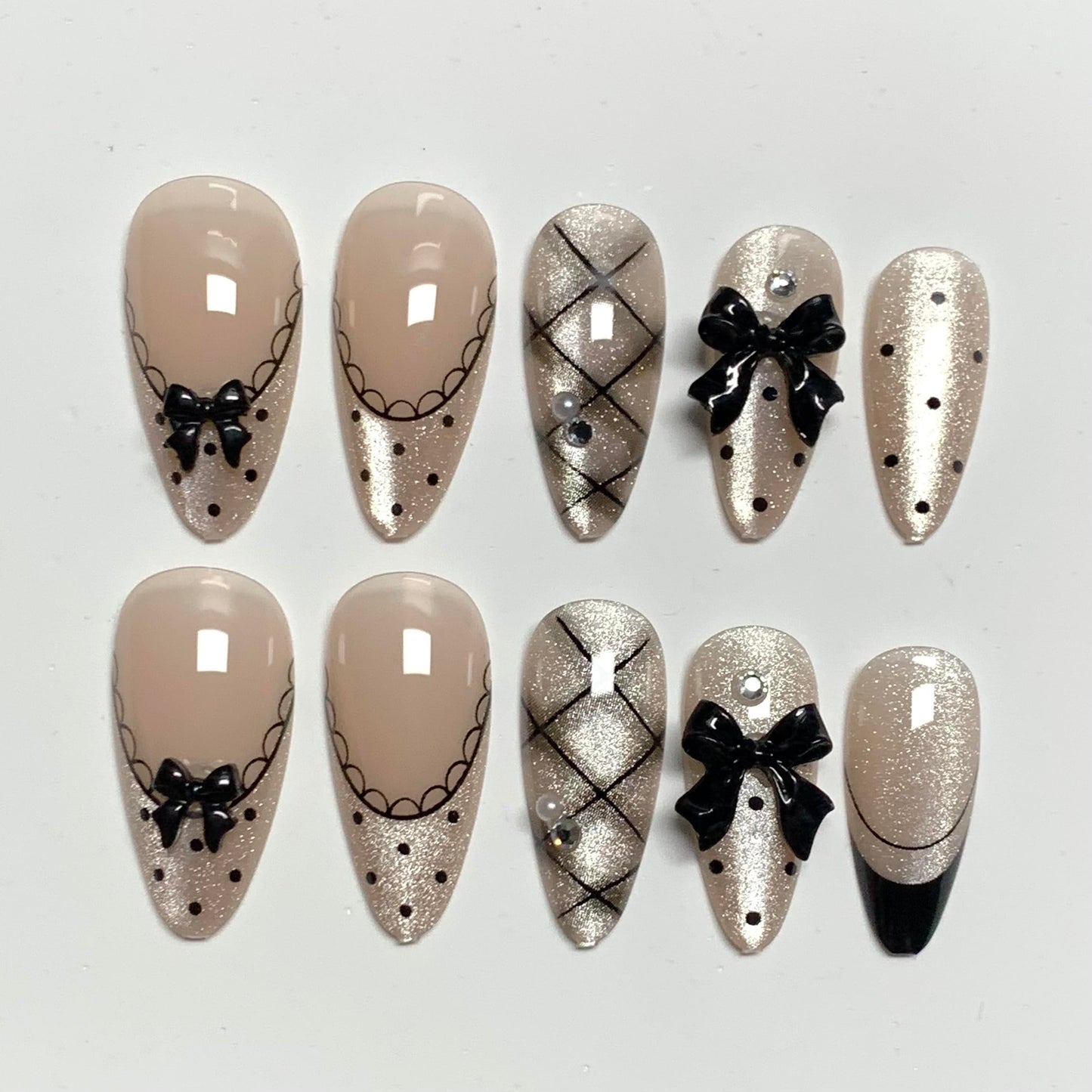 BABALAL Press On Nails, Medium Almond Fake Nails, Black French Tip, Cat Eye Bling Design With Bow Plaid Design, Y2k Kawaii Polka Dot Glue On Nails 24Pcs