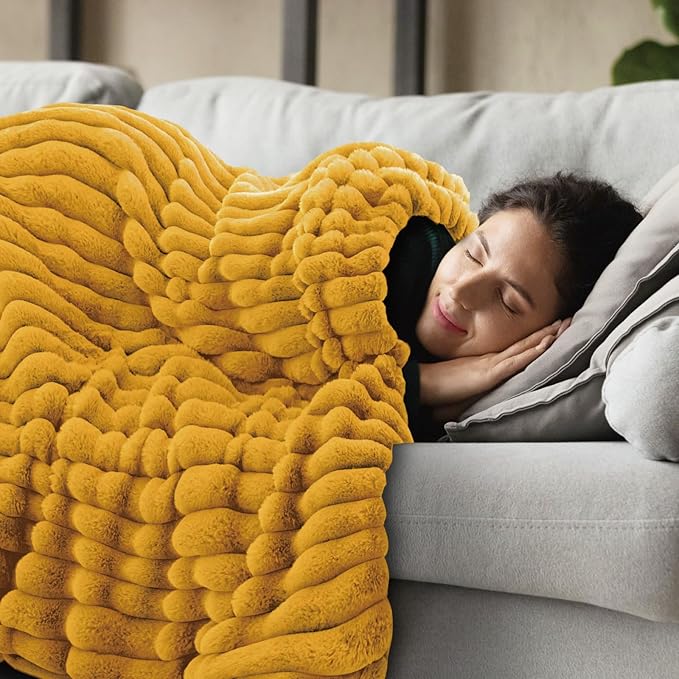 INFIIXSO Sherpa Throw Blanket for Couch - Super Soft & Warm Striped Fleece Blanket, Cozy Plush Fluffy Blanket All Season Use (Mustard Yellow, 50x60 Inches)