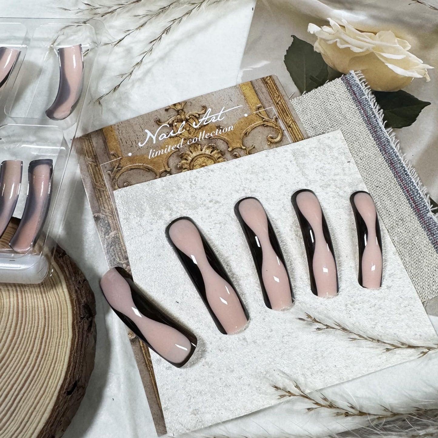 IMSOHOT Black French Tips Press on Nails Extra Long Curved Fake Nails Nude Glossy Glue on Nails Full Cover Acrylic Artificial Fake Nails