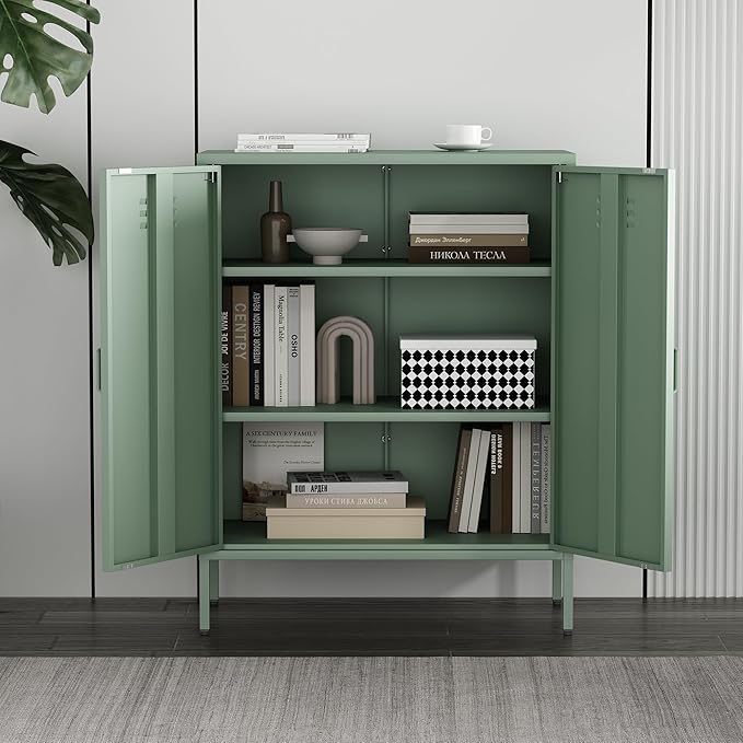 Manhattan Comfort Naomi Modern Metal Accent Cabinet, Minimalist Storage Cabinet with Doors & Adjustable Shelves, Vented Doors, Sturdy Steel Build, Versatile & Multi-Purpose Home Furniture, Green