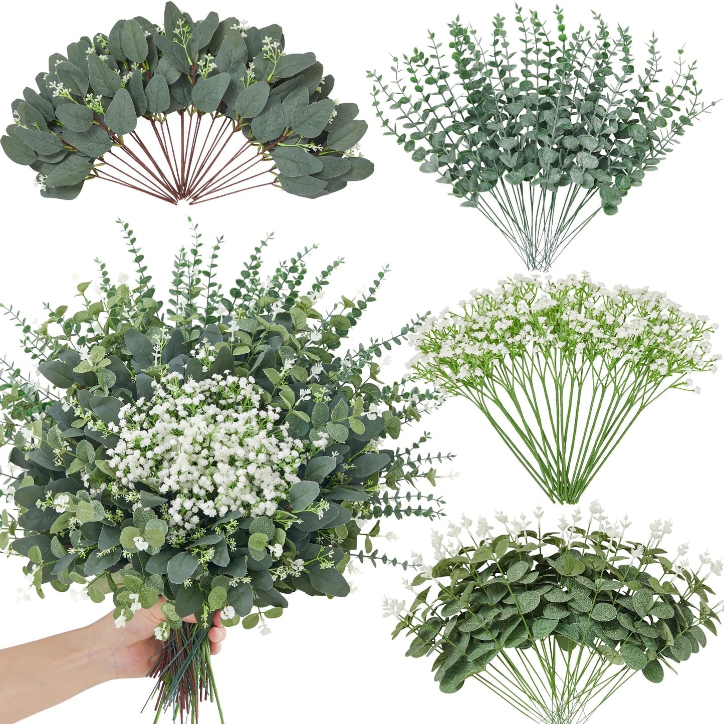 Faylifeway 120 Pcs 4 Kinds Mixed Eucalyptus Greenery Stems, Baby Breath Flowers Artificial Bulk and Greenery Stems for DIY Bouquets Wedding Home Floral Decor