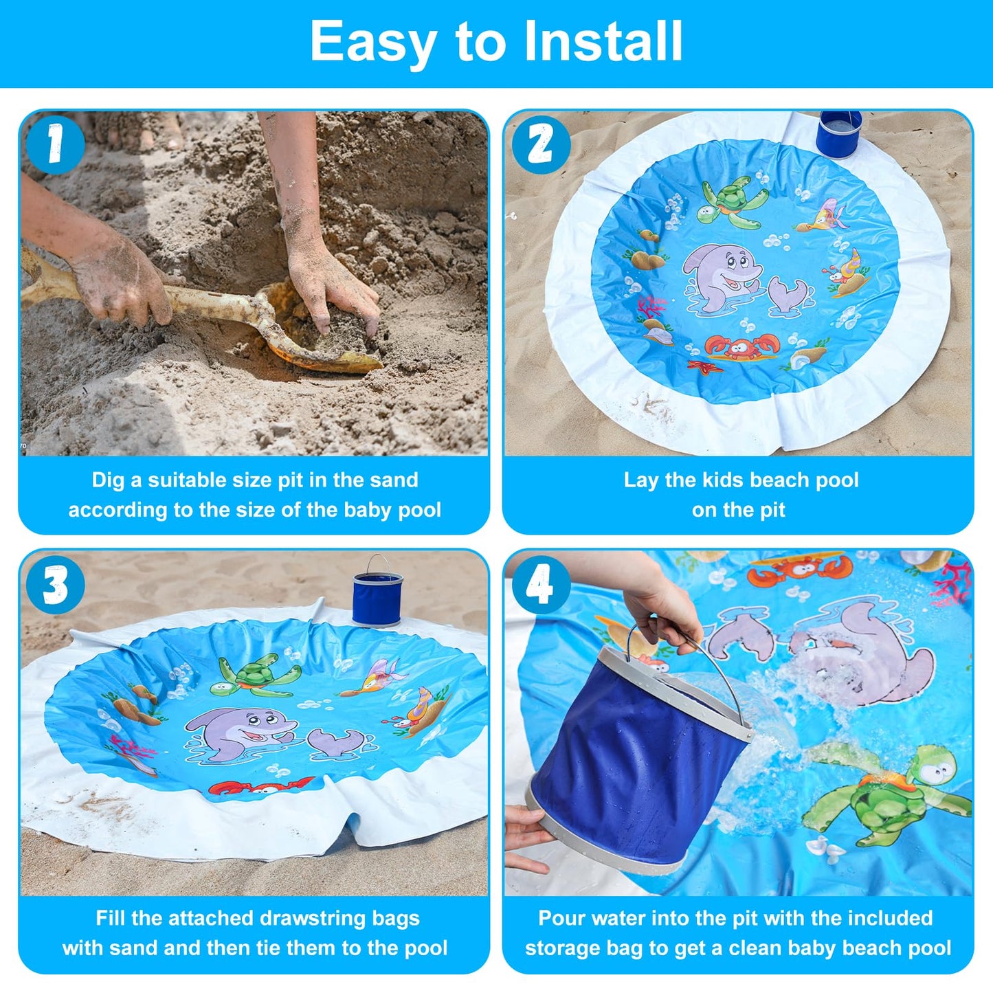 Giveuplay 7.2 X 7.2 Feet Baby Beach Pool，Kiddie Pool and Beach Blanket，2 in 1 Toddler Paddling Pool，Beach Toys for Infant Kids Boys and Girls with Portable Water Bag 9L