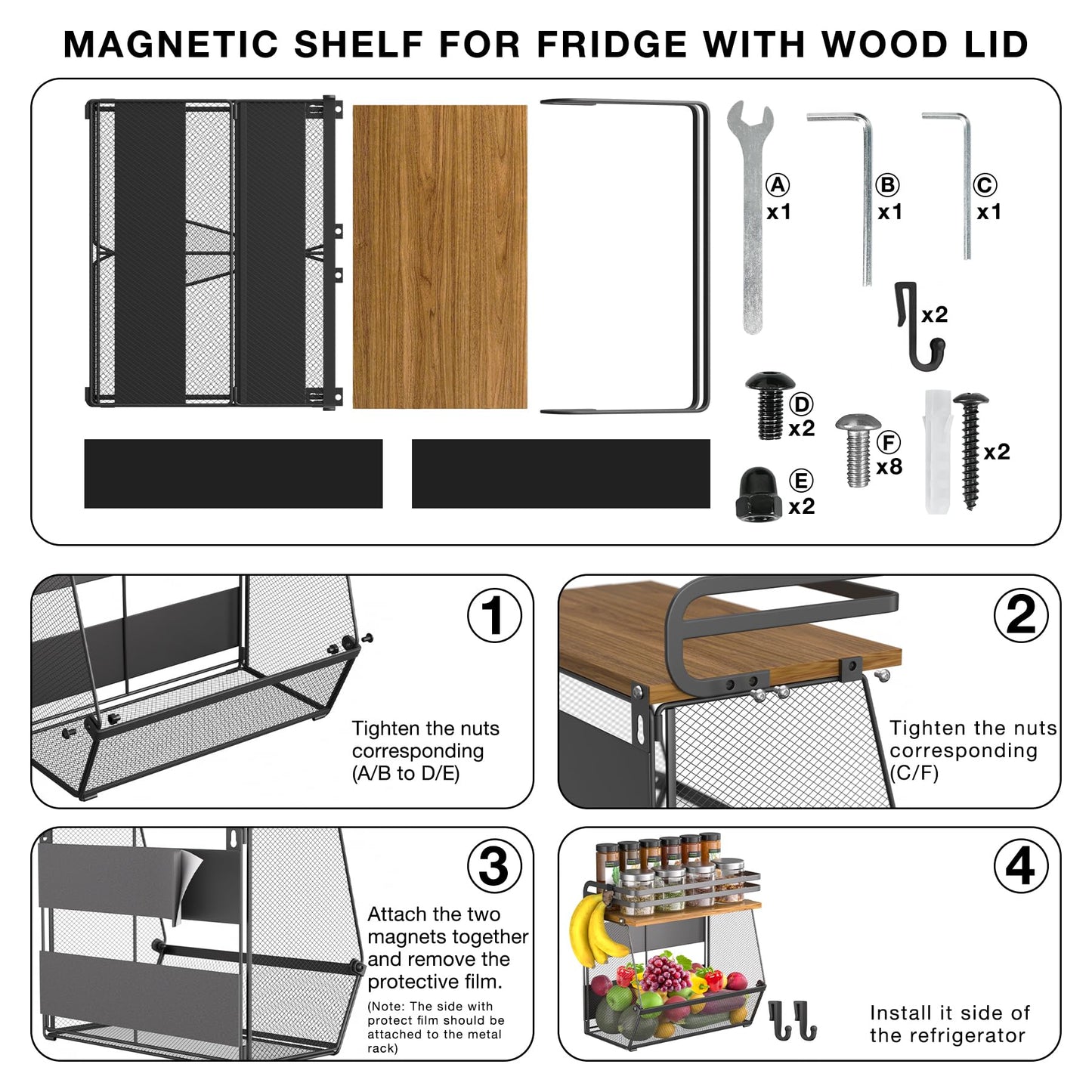 Magnetic Shelf for Fridge with Wood Lid, Large Capacity Magnetic Spice Rack for Refrigerator Kitchen Storage Bin for Fruit, Onion, Potatoes, Storage Organizer for Counter & Cabinet, Mesh Basket