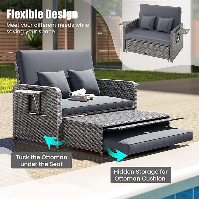 LDAILY Moccha Outdoor Daybed, Wicker Loveseat Sofa Set with 4-Postion Adjustable Backrest, Storage Ottoman, Cushions, Rattan Double Bed Lounger, Patio Furniture Set (Mixed Gray+Gray)