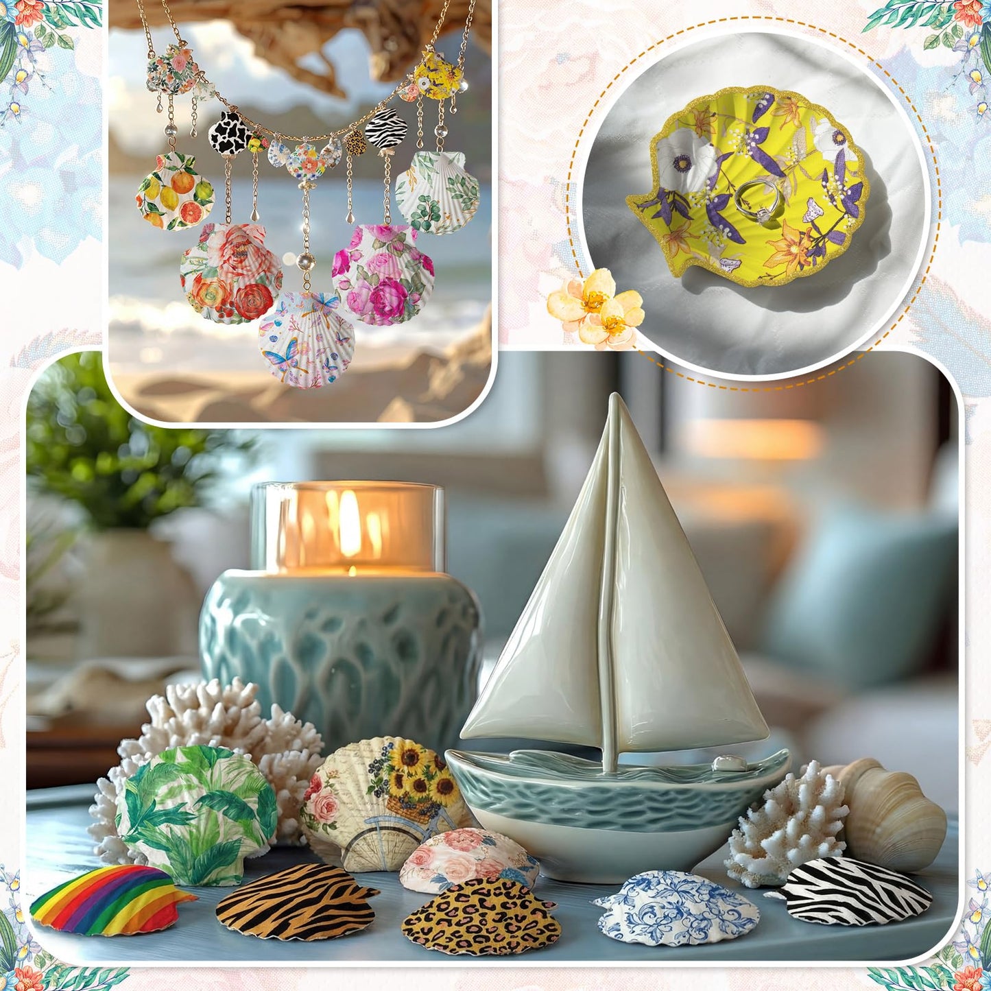 Crtiin 48 Pcs Decoupage Kits, 18 Pcs 4'' White Scallop Shells, 24 x Assorted Decoupage Paper Napkins with Glue Paint Strips Pigments and Paint Brushes for Home Decor Ornaments DIY Arts Crafts (Fun)