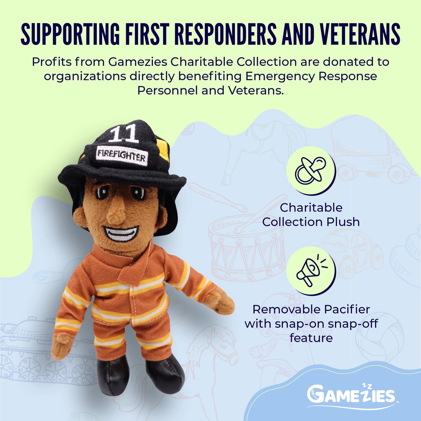 Gamezies Baby Boy and Girl Silicone First Responder Firefighter Stephen Pacifier with Detachable Plush Toy Holder, CPSIA Tested, BPA-Free 0-6 Months