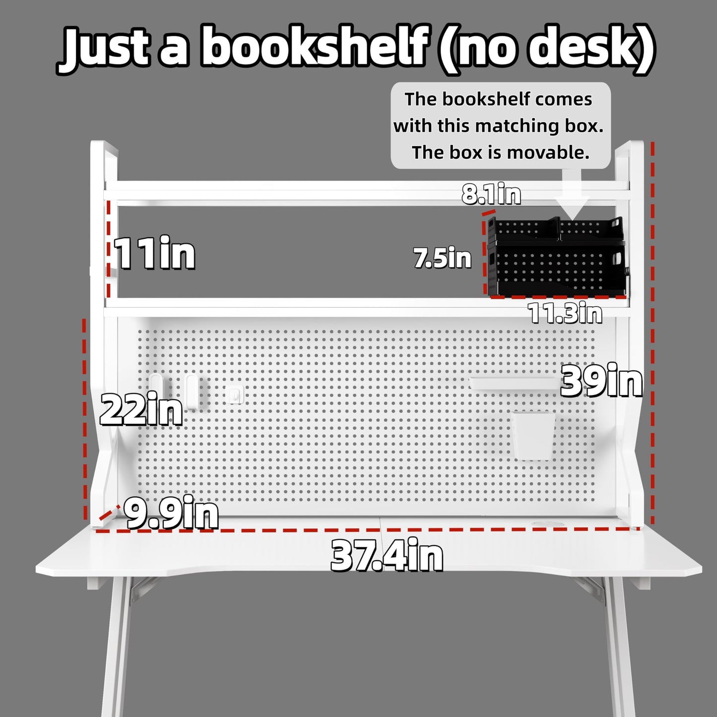 Desktop Hutch Bookshelf,Many Gifts,Metal Desktop Bookcase with pegboard, Desk Shelf, Countertop Storage Organizer Rack for Dorm or Office,Desktop Shelves (White, 37.4" Lx9.9 Wx39 H)