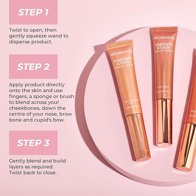 MCoBeauty - Highlight and Glow Beauty Wand - Buildable Liquid Highlighter - Champagne Shade - Liquid Cream with Cushion Applicator for Soft, Radiant Finish - Highlighters Makeup
