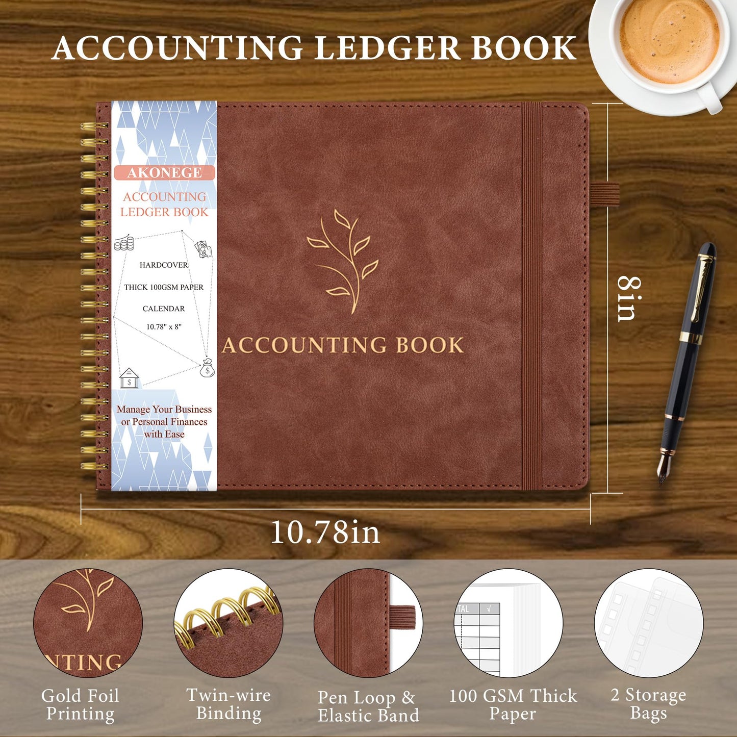 AKONEGE Accounting Ledger Book for Personal & Small Business Bookkeeping, Horizontal Income and Expense Tracker Notebook with Calendar, Hardcover Columnar Log Journal 10.78'' x 8'', Brown