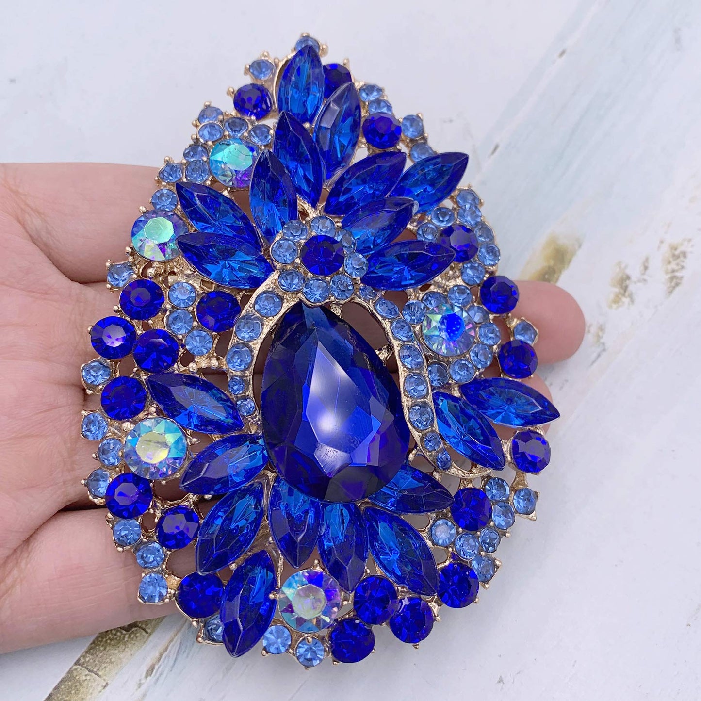 SELOVO Huge Big Large Royal Blue Flower Statement Brooches and Pins Scarf Decoration Gold Tone