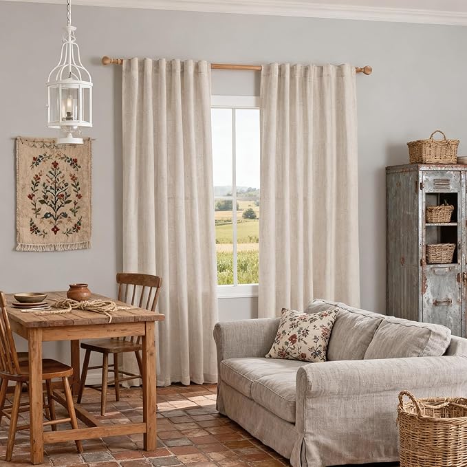 MYSKY HOME Boho Curtains 72 Inch Length, Natural Linen Semi Sheer Drapes for Window Decoration Door Curtain Panels Privacy Shade Burlap Farmhouse Rustic Style for Doorways, 50" x 72", 2 Panels