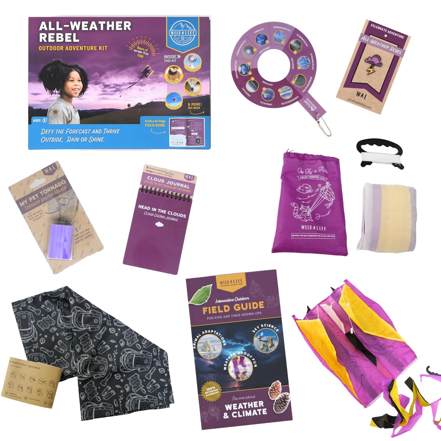 All-Weather Rebel Outdoor Adventure Kit for Kids Ages 8+ | Weather & Climate Science Exploration Set with Field Guide, Pocket Kite, Cloud Journal, Vortex Maker, Pin & Head Buff | Learning STEM Toy