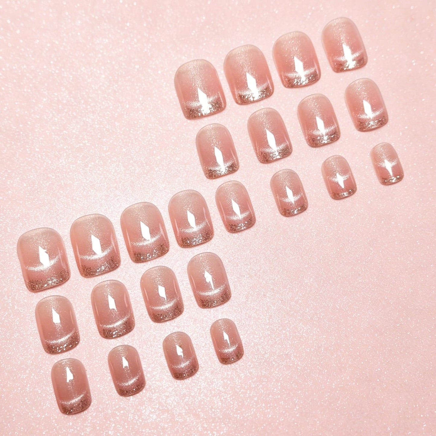 French Tip Press On Nails, Short Square GCSQW Fake Nails with Glitter Magnetic Gel, Nude Pink Glossy False Nails Reusable Acrylic Stick On Nails for Women, 24 Manicure Kit with Adhesive Tabs