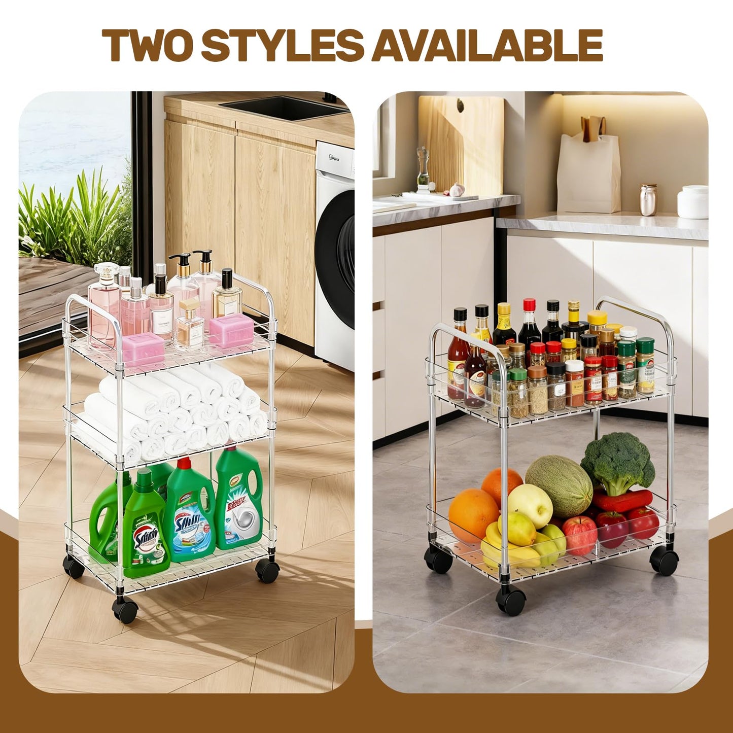 2 Tier Utility Rolling Cart with Wheels Multifunctional Storage Cart Under Desk Storage Organizer with Handle and Hooks for Home Kitchen Office Bathroom Organization Transparent