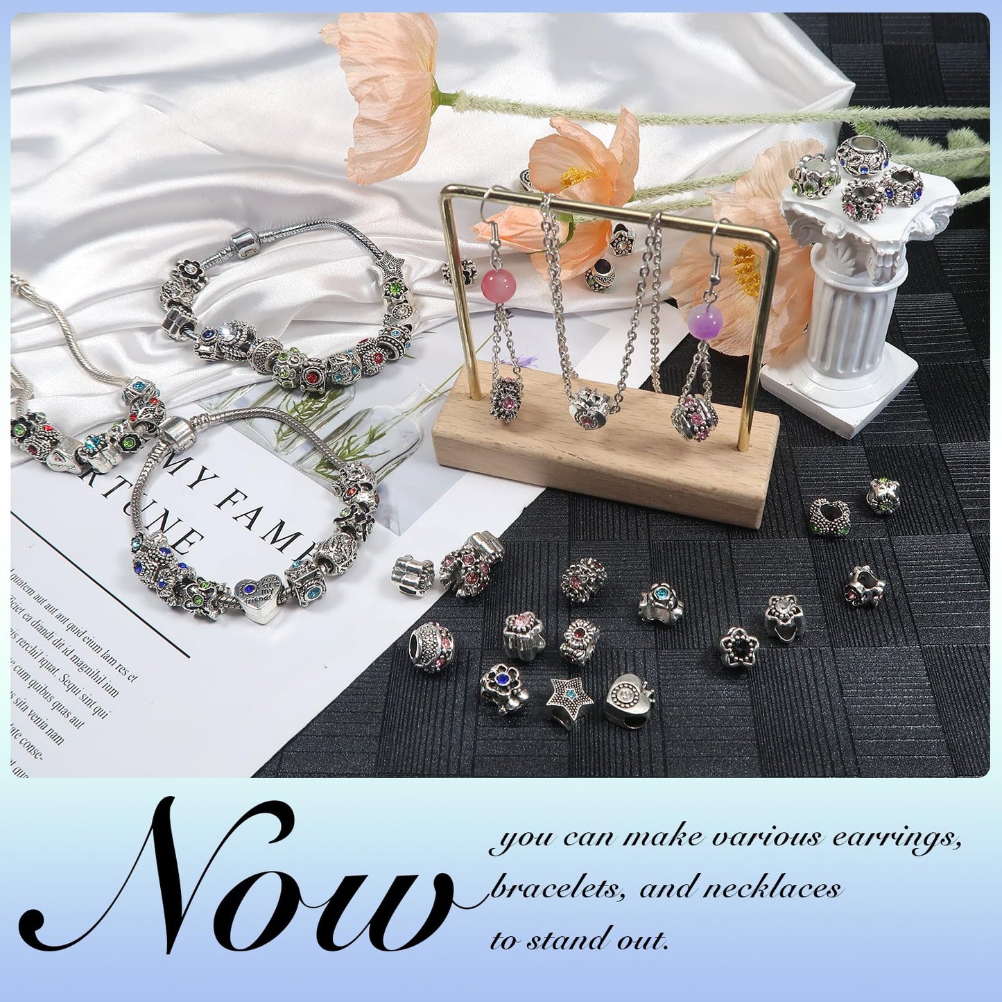TOAOB 60pcs Assorted European Beads Large Hole Spacer Beads Antique Silver Rhinestone Charms Supplies for Bracelet Necklace Jewelry Making