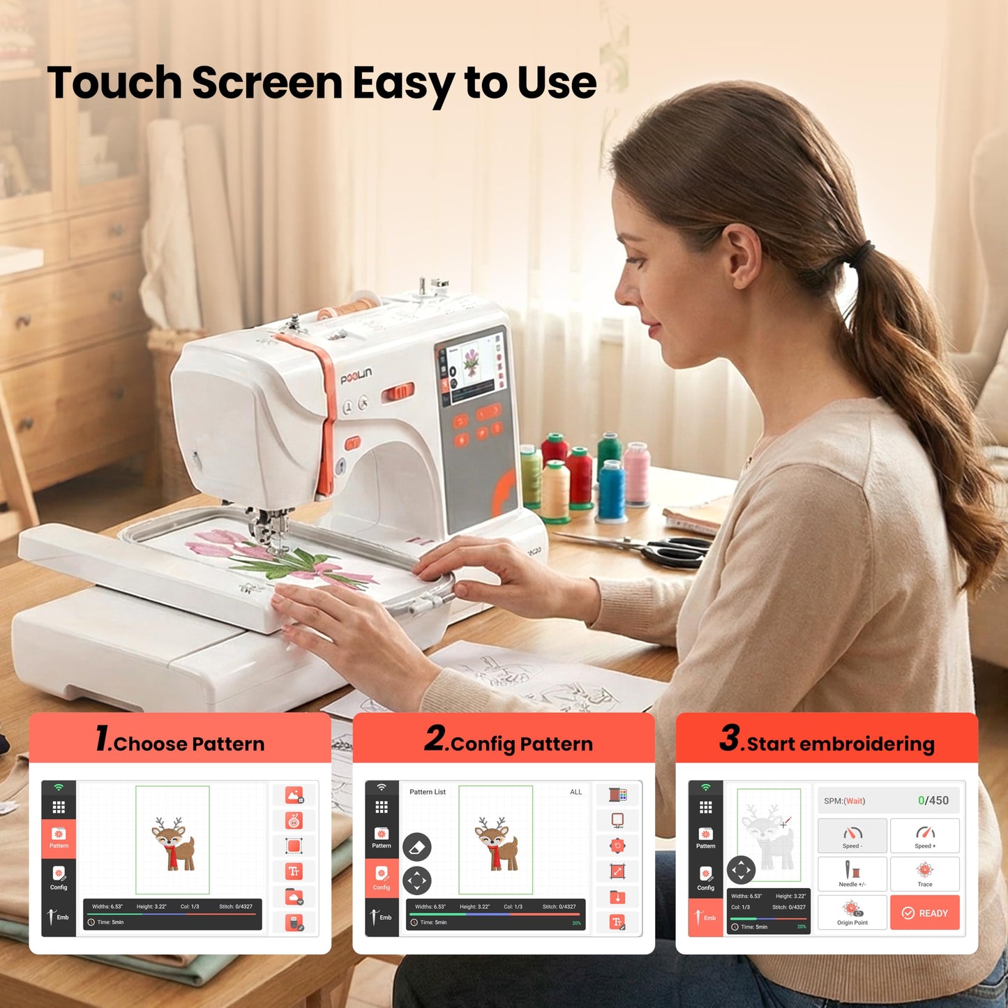 PooLin EOC03 Embroidery Machine 4x4 & 4x9.25 Embroidery Area for Beginners, Easy Operation System, 130 Built-in Designs, 8 Fonts, WiFi Design Transfer, Home DIY Embroidery Machine with Starter Kit