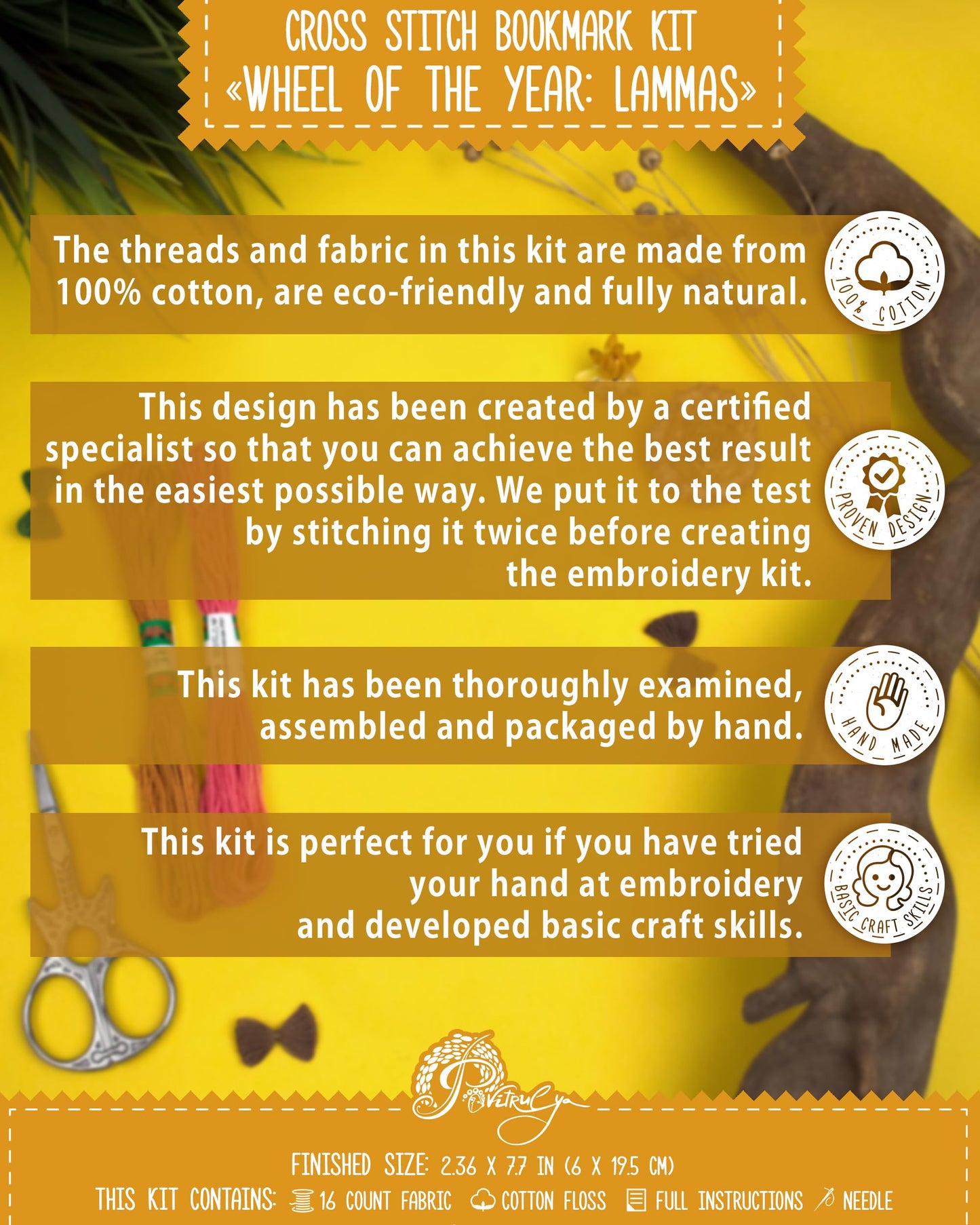 Povitrulya Counted Cross Stitch Kit “Lammas/Lughnasadh“ – DIY Bookmark Embroidery Set for Adults & Beginners, First Harvest Pagan Celtic Rustic Seasonal Autumn Gift