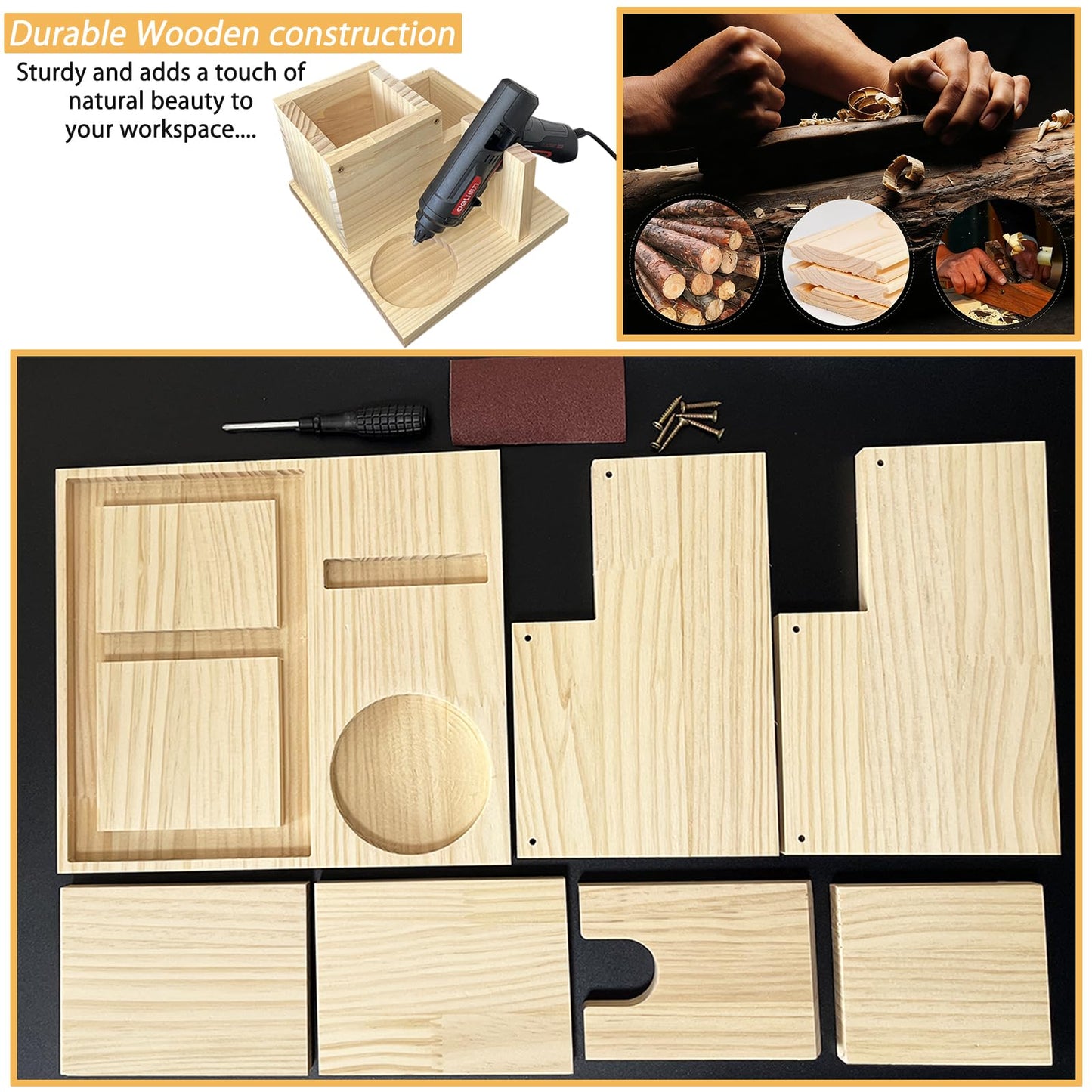 Kyuwdone Wooden Mini Hot Glue Gun Holder with Glue Stick Organizer, Hot Melt Gun Kit Storage Compartments, for DIY, Crafts, Home School Project KW009-Plus