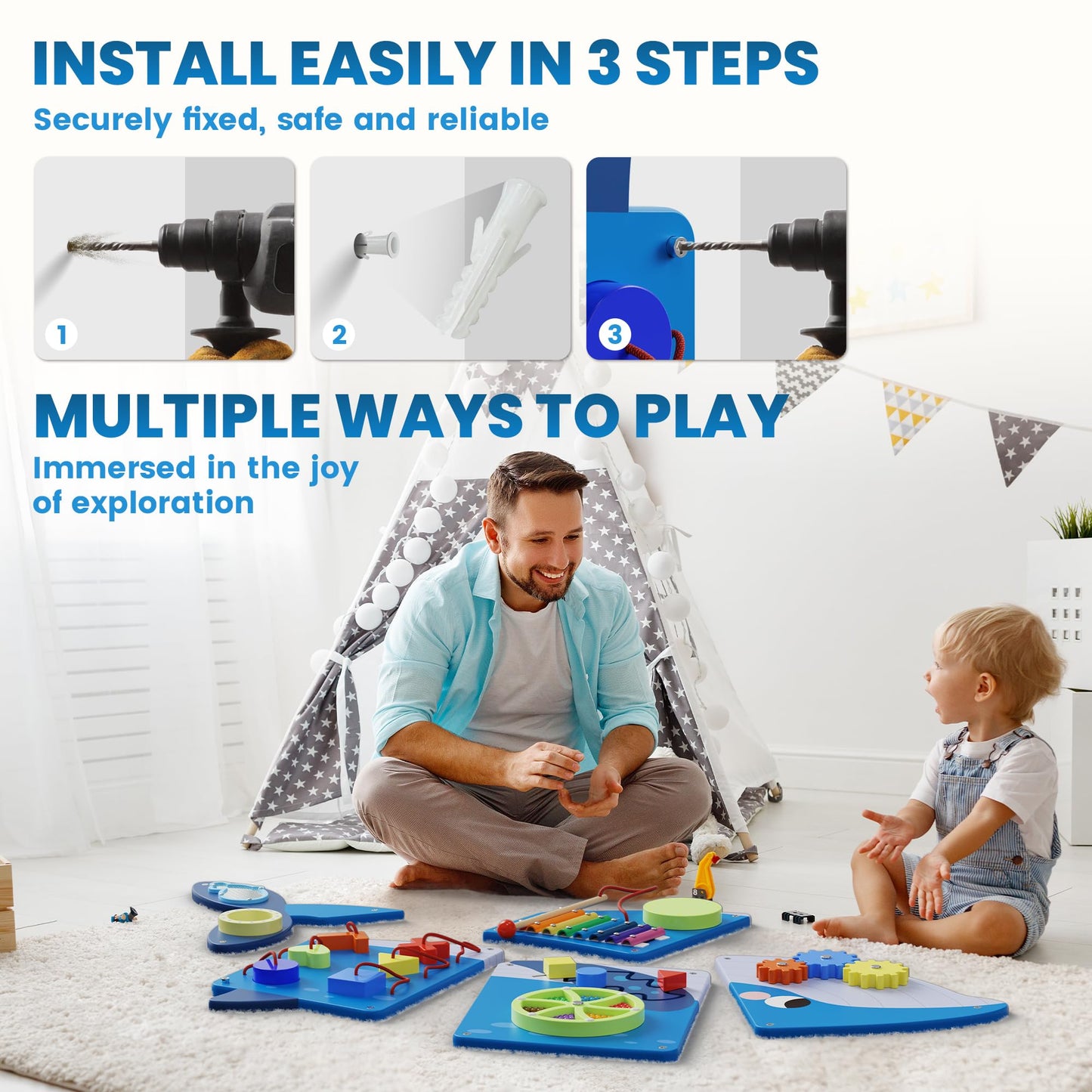 BlueWood Wooden Wall Busy Board Panels, Toddler Learning Activity Center, Montessori Philosophy Sensory, Educational Toys, Conducive to All-Round Development - Whale