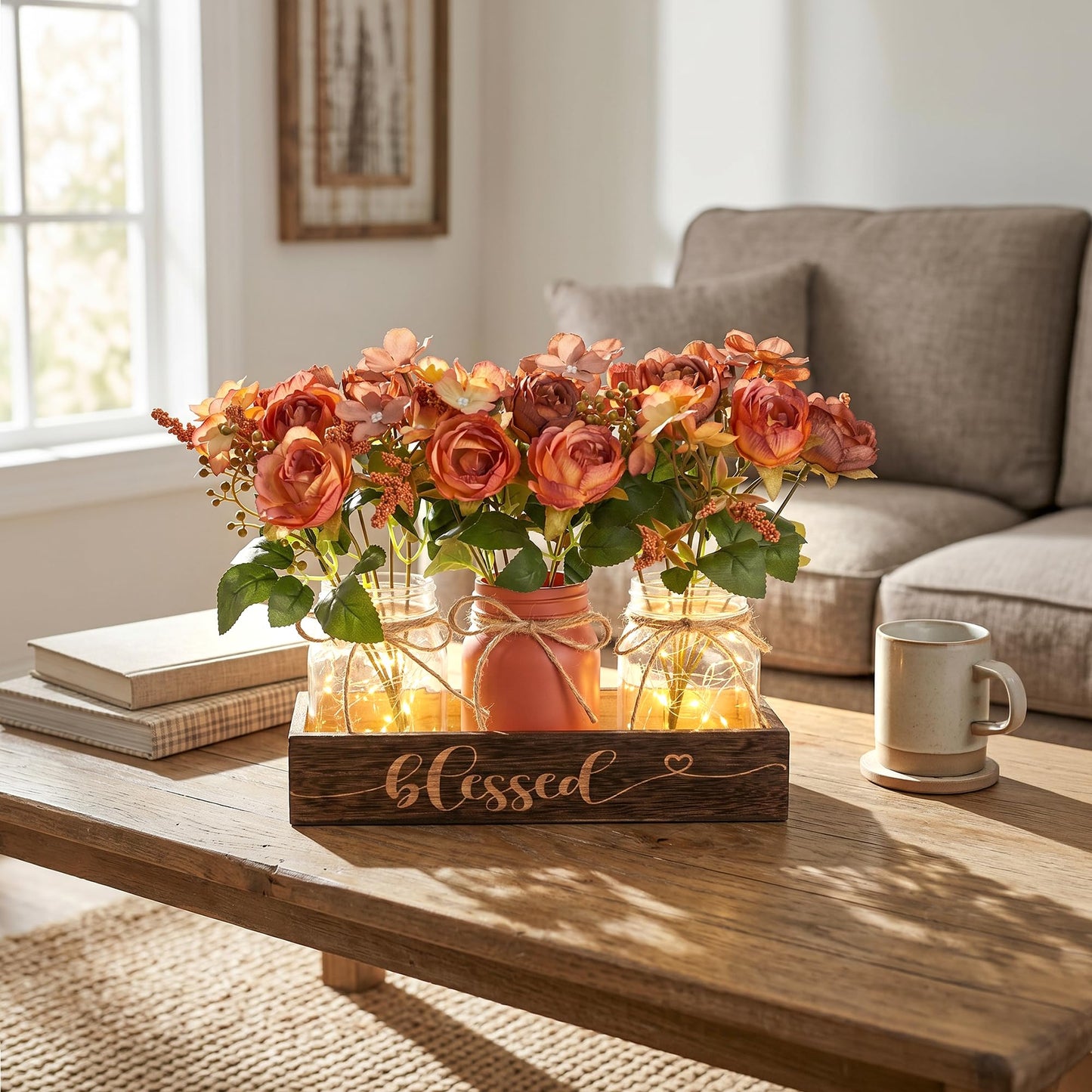 Fancyplus 3 Pcs Mason Jar Centerpiece with Wood Tray & LED Light, Farmhouse Table Decor for Dining Room Kitchen Living Bathroom, Orange