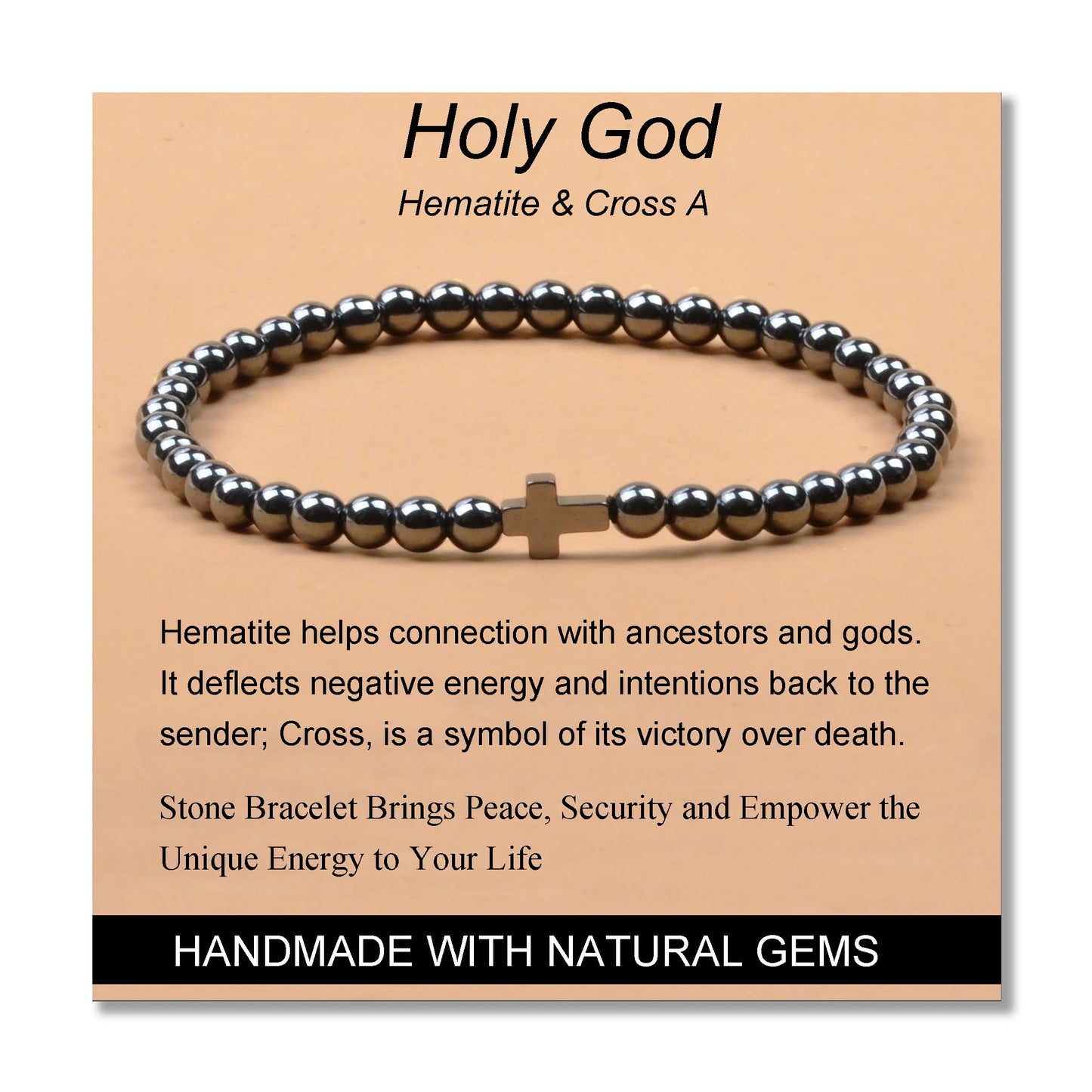 MASSIVE BEADS Hematite and Cross - Holy God Handmade Handmade Yoga Stretch Elastic Bracelet Natural Stone Crystal Healing Power Energy Gifts for Unisex Adult 4mm