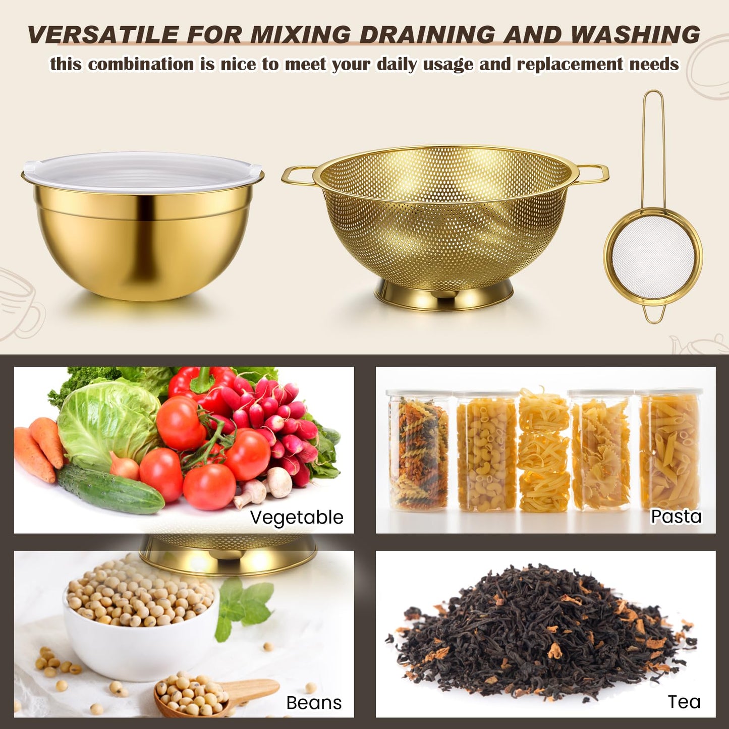 Baderke 6 Pcs Gold Kitchen Accessories Set Includes 3 Gold Mixing Bowls with Airtight Lids Stainless Steel Colander Grater Slicer and Fine Mesh Strainer(Mixing Bowls: 2.8/3.7/5 Qt, Colander: 4 Qt)