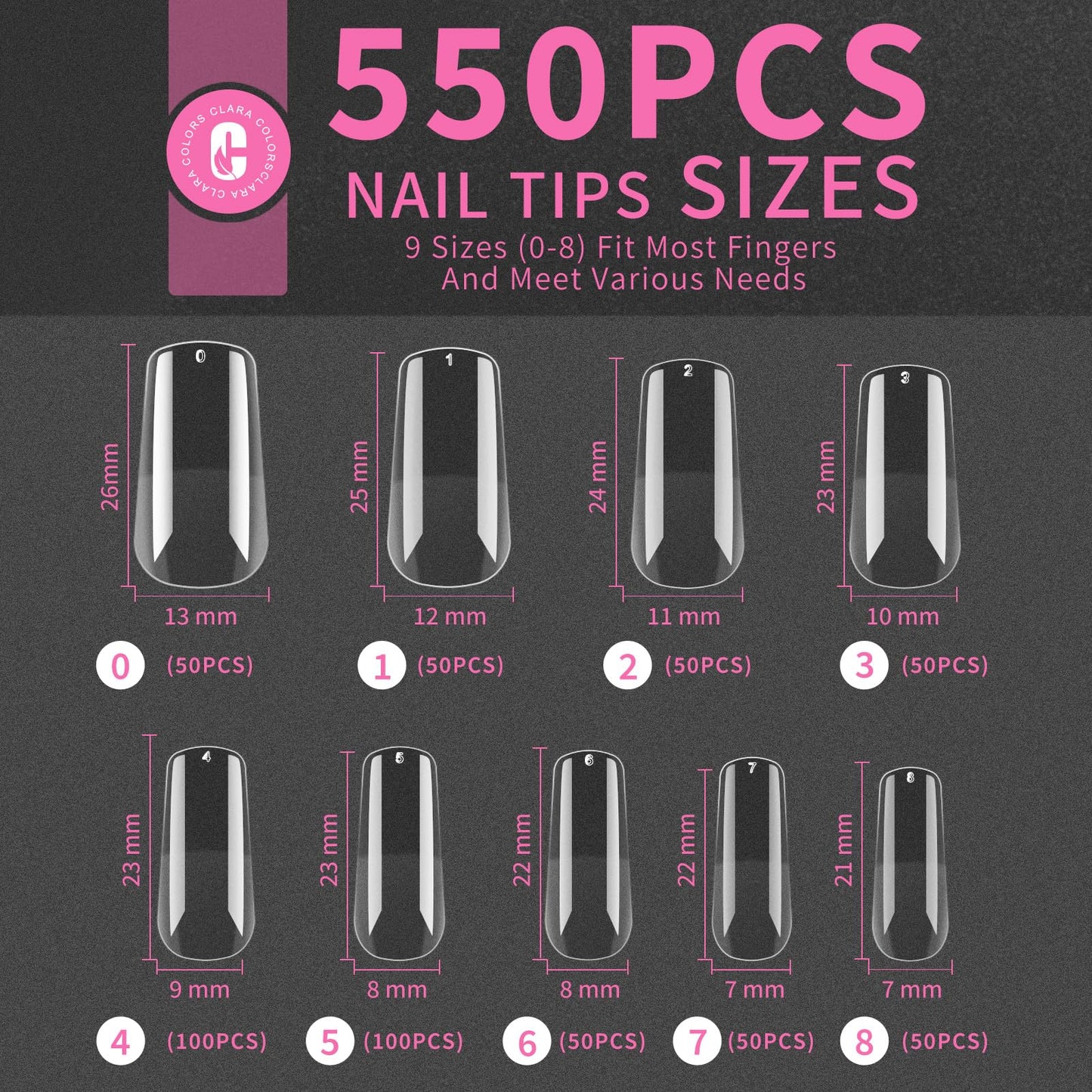 Clara Colors Nail Tips and Glue Gel Kit,550Pcs Full Cover Soft Gel Fake Nails Tips and Nail Glue Kit with LED Nail Lamp,Medium Square Artificial False Nails Tips for Acrylic Nail