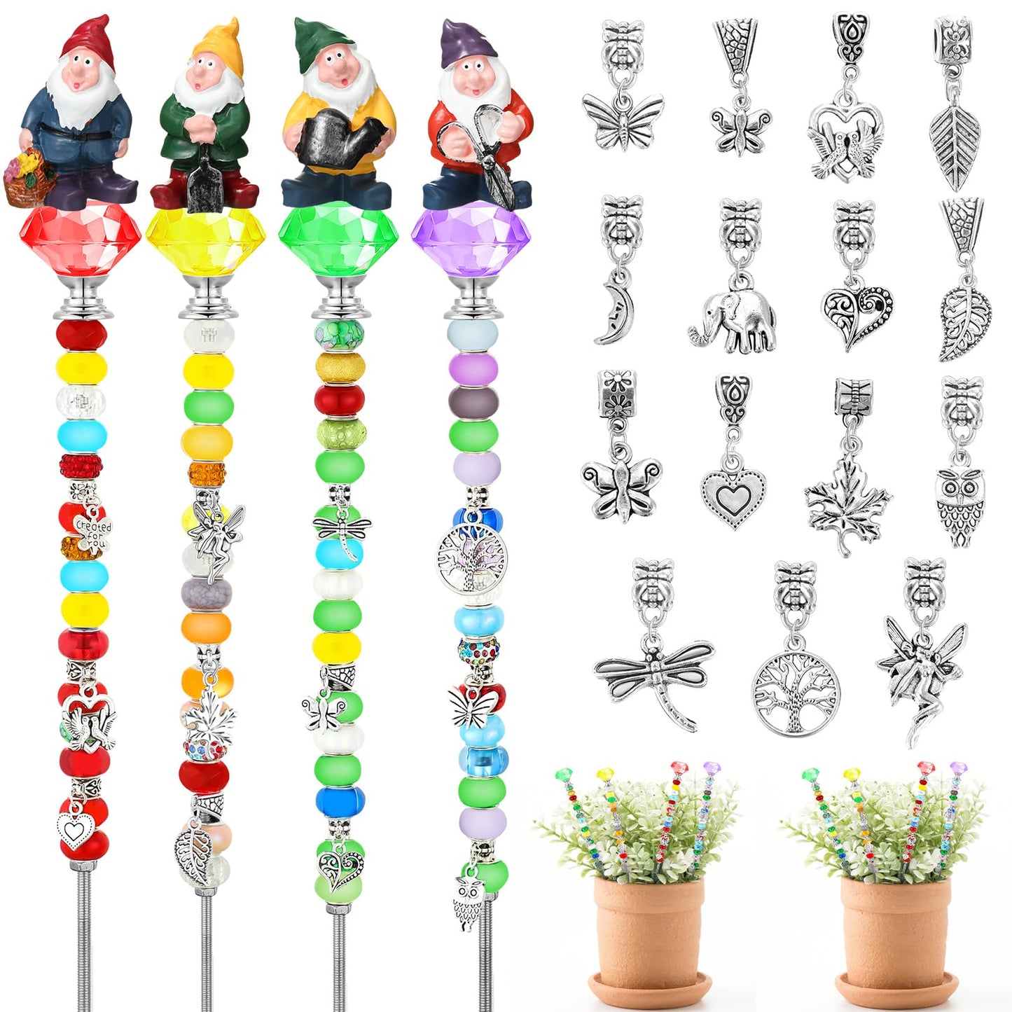 Lineshading 95 Pcs Gnome Garden Stakes Fairy Wand Garden DIY Beaded Stakes Decor 4 Crystal Stopper Top 4 Gnome 64 Large Hole Beads 15 Silver Pendants 4 Threaded Rods 4 Pcs Nuts, for Craft Supply