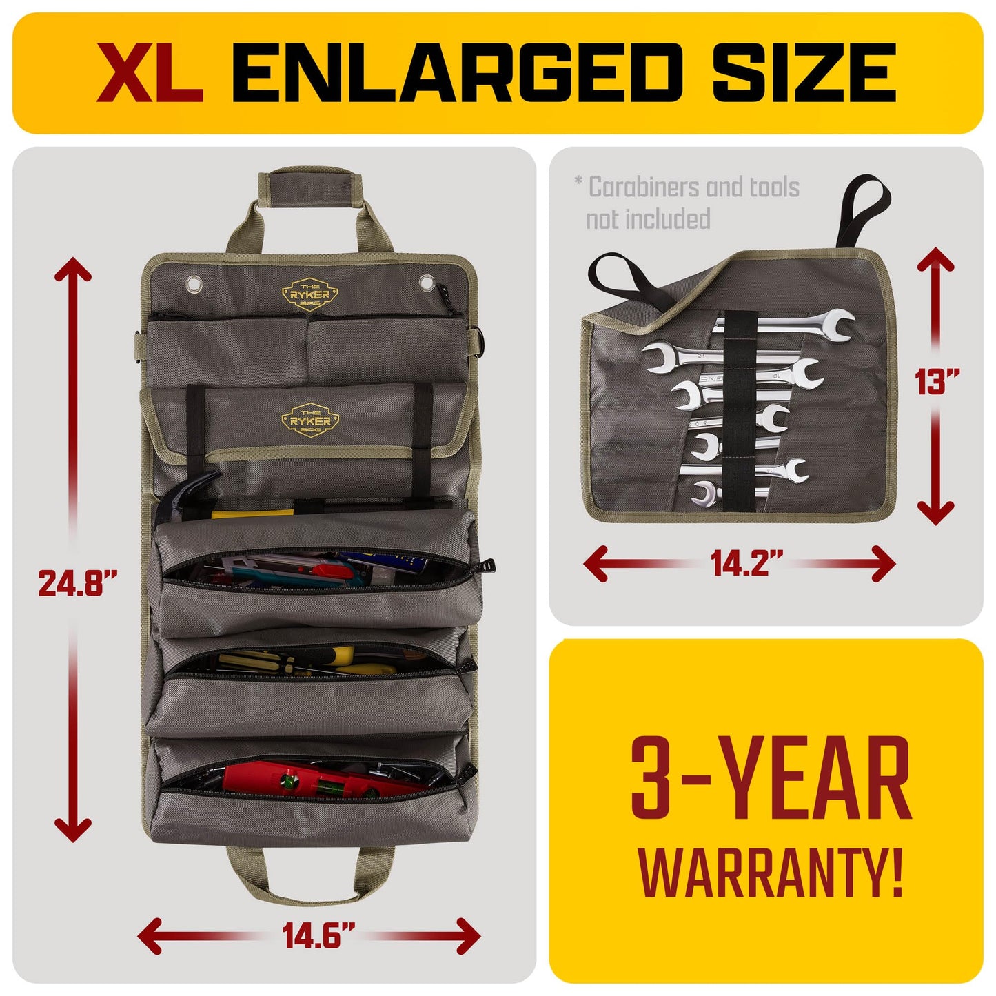 The Ryker PRO Official Roll Up Tool Bag Organizer Gifts for Dad. Motorcycle Tool Bag Organizer for Mechanic & Tools Storage Toolbag Tools Bags Mens gifts for him - w/4 Detachable Pouches & Wrench Roll