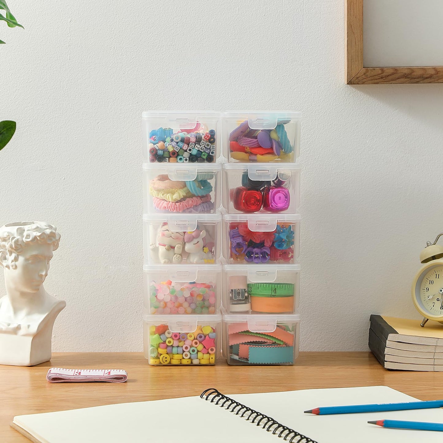 Swuj 10-Pack Small Plastic Containers with Lids, Clear Stackable Storage Boxes & Bins Organizer for Bead Organizer, Craft Storage, Stickers, Jewelry & Small Items – Square Small