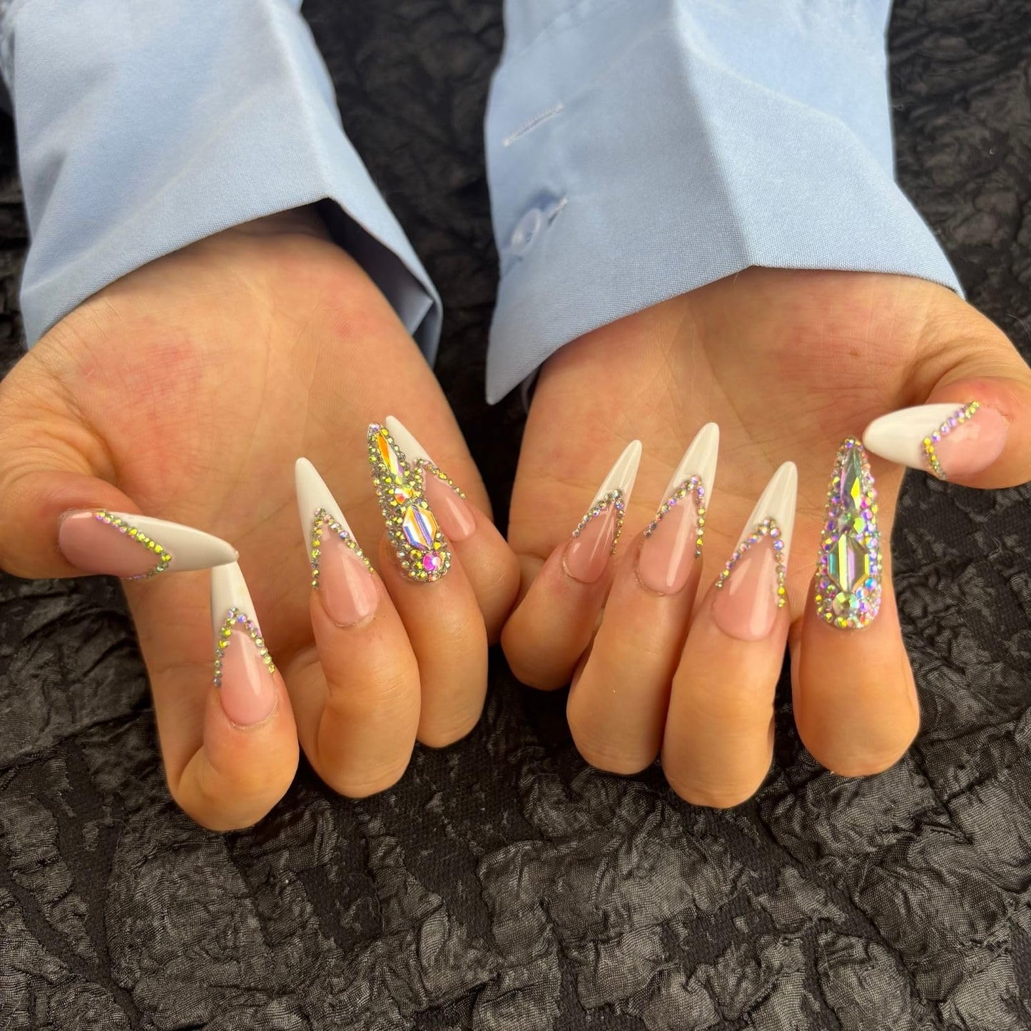 Yabonica French Tip Press On Nails Long Stiletto,10 Pcs Handmade Acrylic Fake Nails Press Ons Salon Design Stick On Nails,Luxury UV Gel Glue On False Nails with 3D Rhinestone (Middle Size)