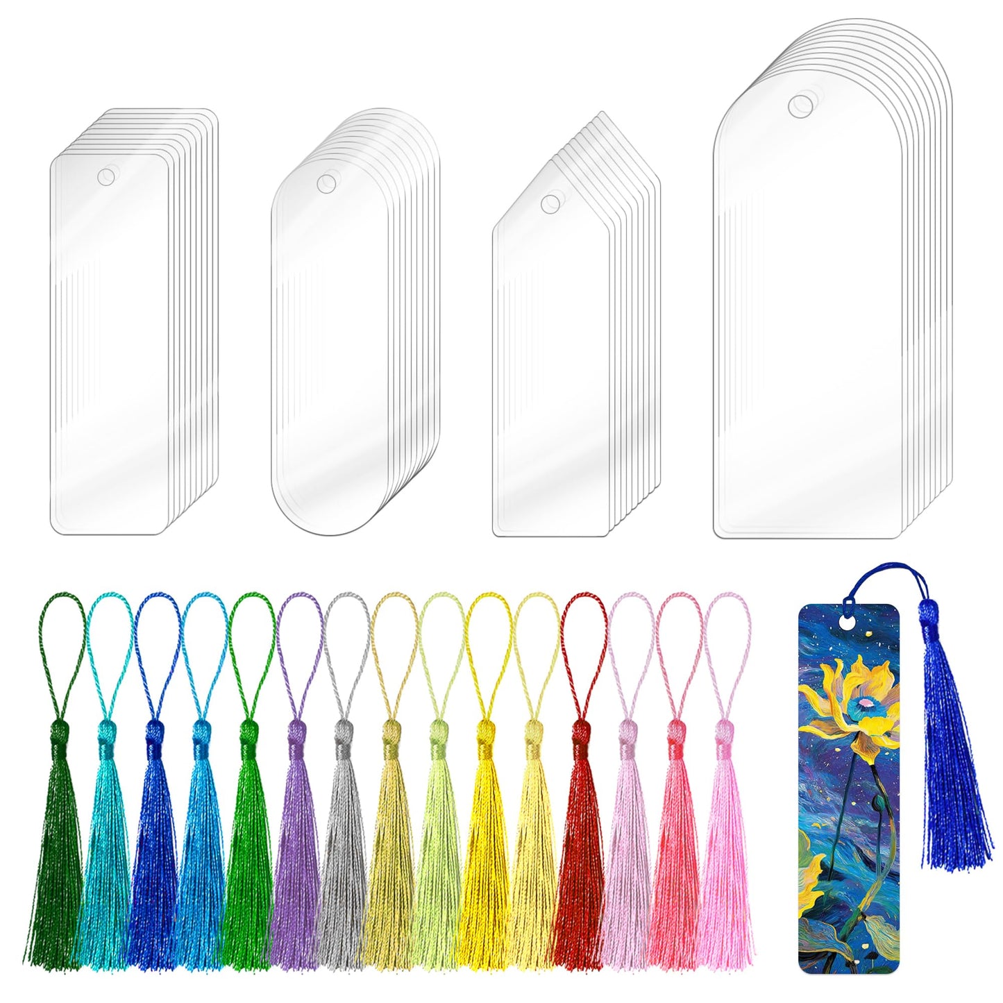 60PCS Acrylic Bookmark Blanks, DIY Bookmark Making Kit Bulk Bookmarks with Tassels for Adults Teacher, Plastic Plain Transparent Clear Blank Book Marks Decorating Supplies for Crafts (4 Shape)