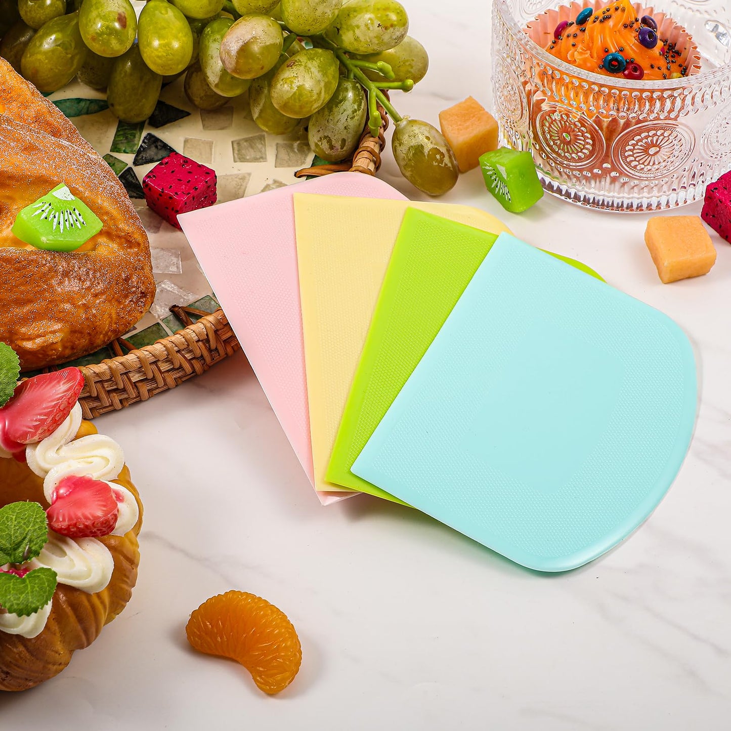 24 Pcs Bench Scraper Dough Scraper for Baking, BPA Free PE Flexible Bowl Scrapers, Food-Safe Plastic Dough Cutter Tool for Bread Cake Fondant Icing (Light Blue, Green, Yellow, Pink)